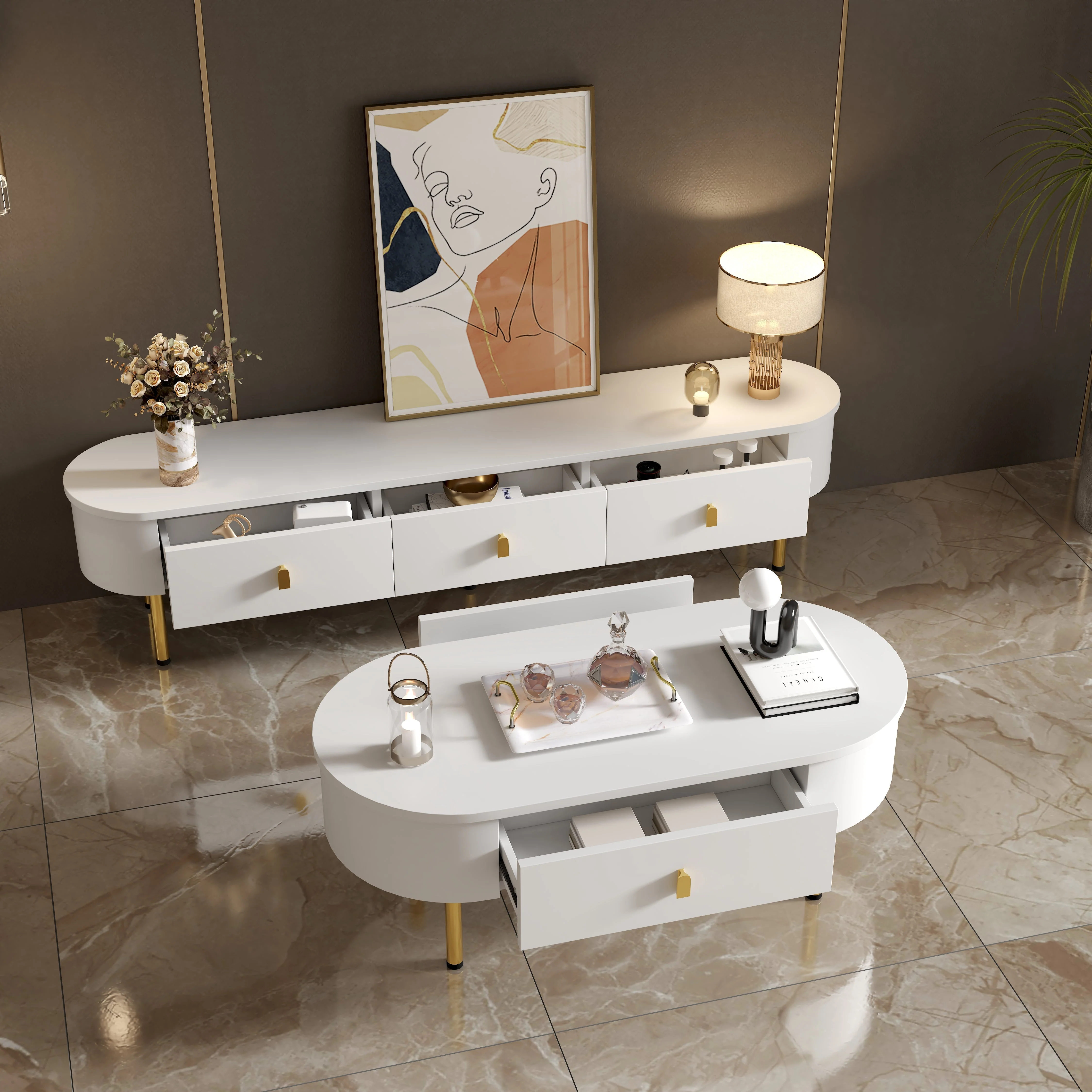 Lowboard TV Cabinet, Drawers with Golden Handles & Legs, Curved Corners - Image 5