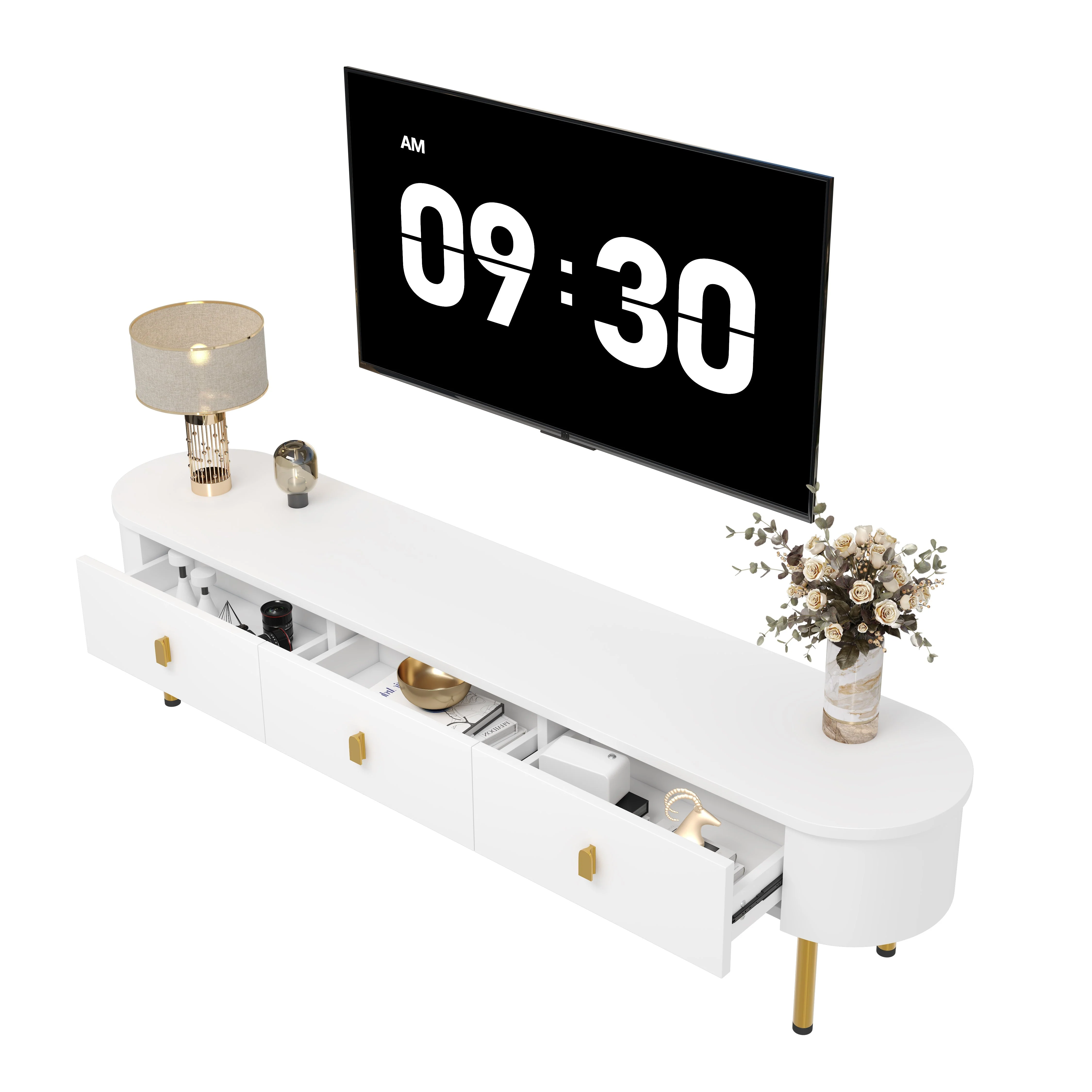 Lowboard TV Cabinet, Drawers with Golden Handles & Legs, Curved Corners - Image 6