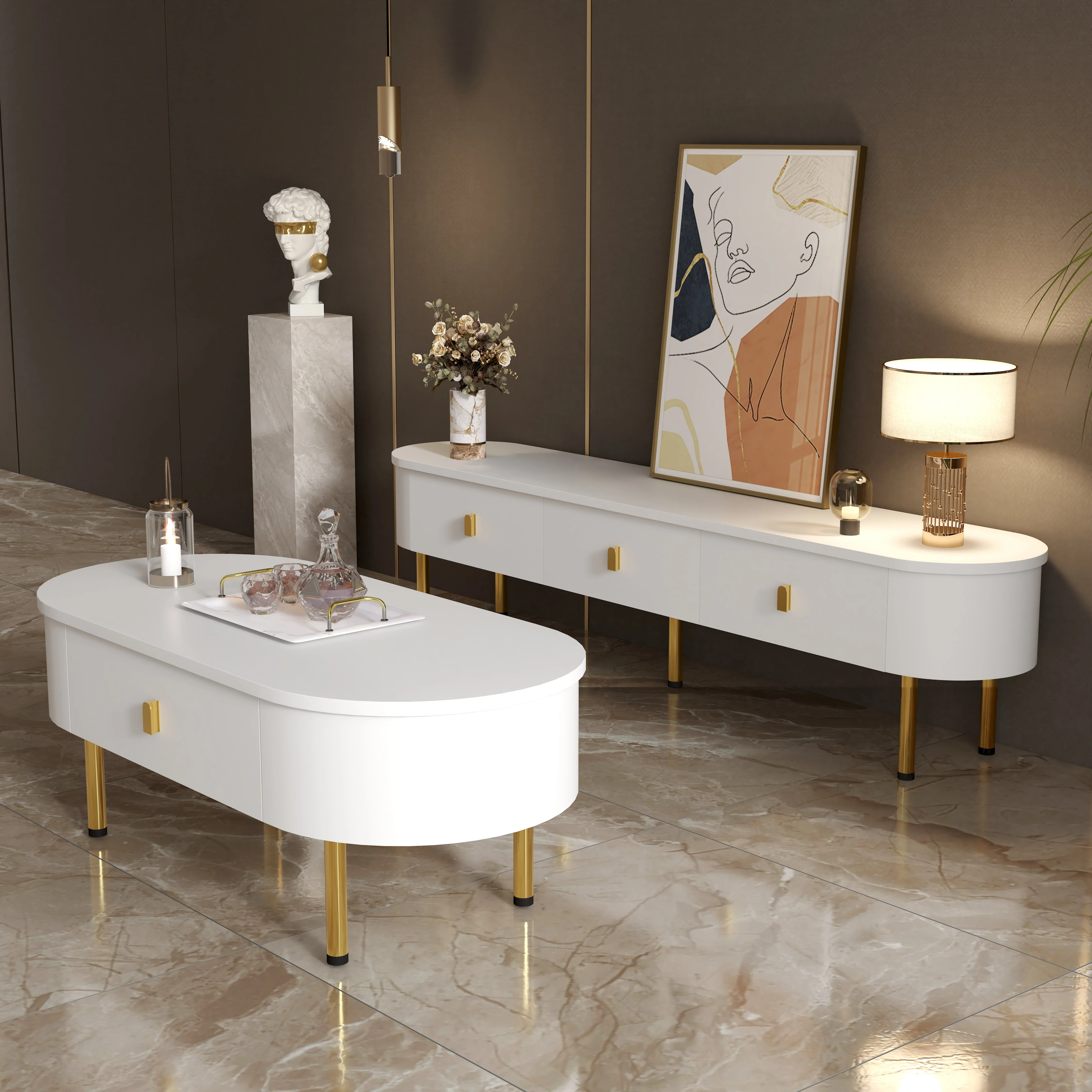 Lowboard TV Cabinet, Drawers with Golden Handles & Legs, Curved Corners - Image 7