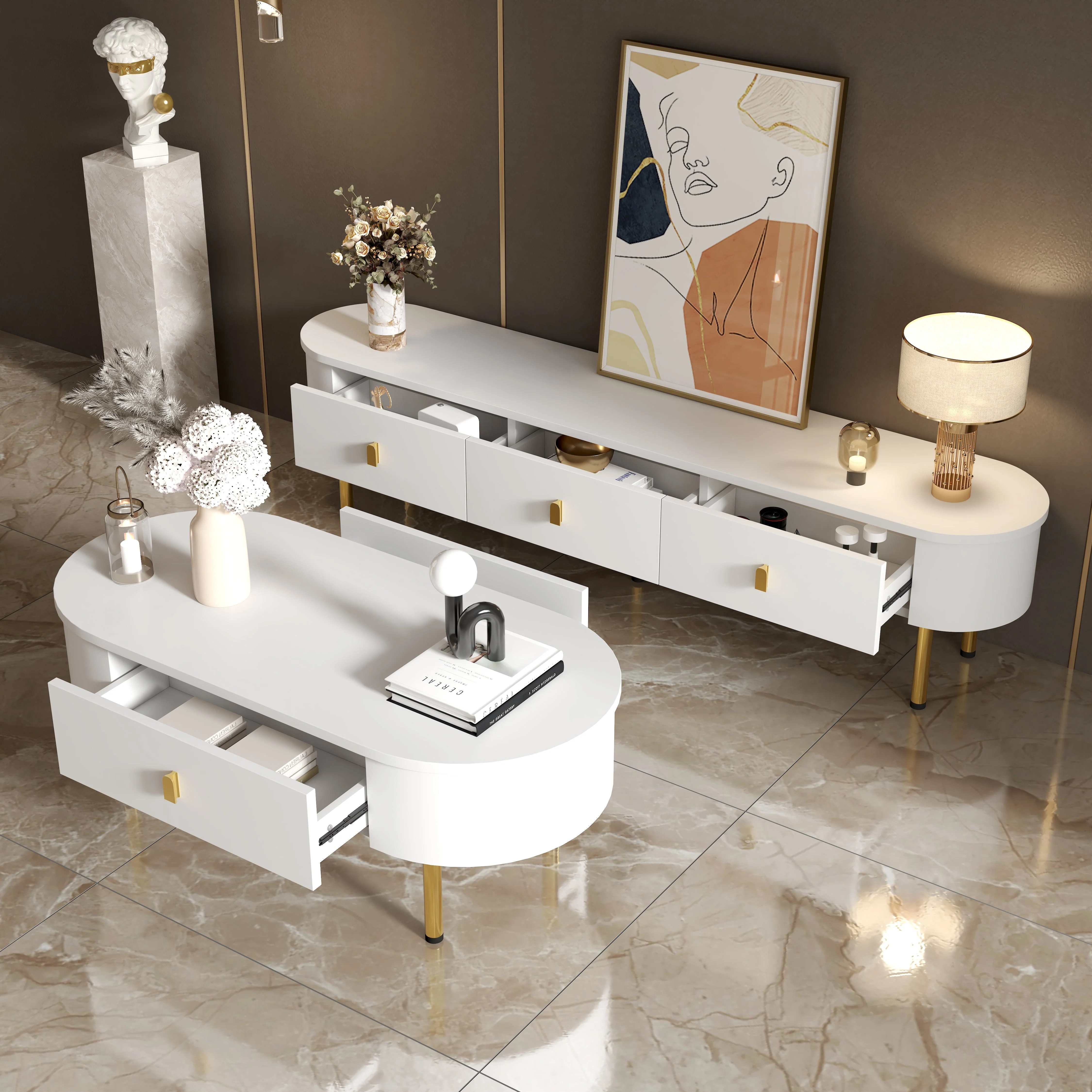 Lowboard TV Cabinet, Drawers with Golden Handles & Legs, Curved Corners - Image 8