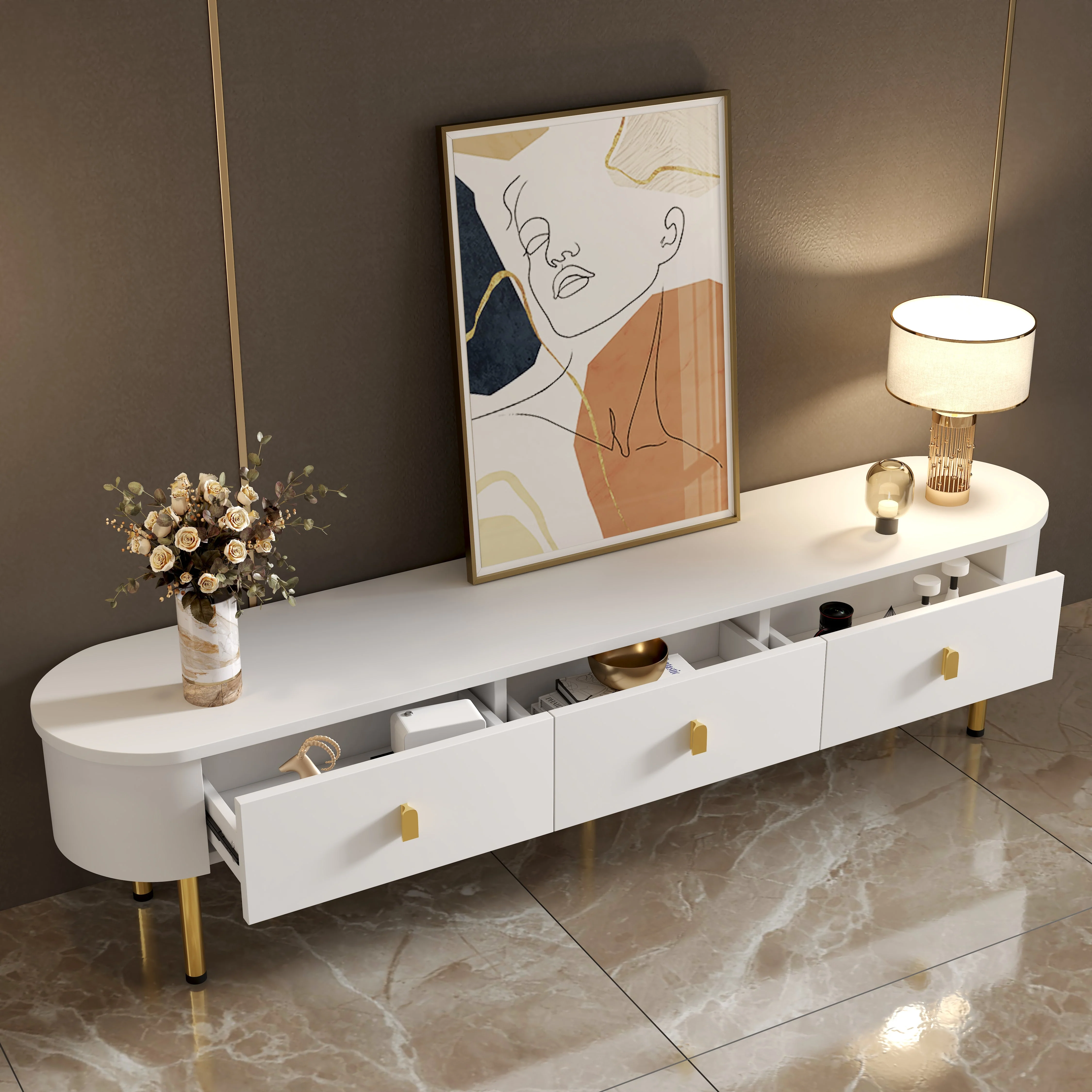 Lowboard TV Cabinet, Drawers with Golden Handles & Legs, Curved Corners - Image 9