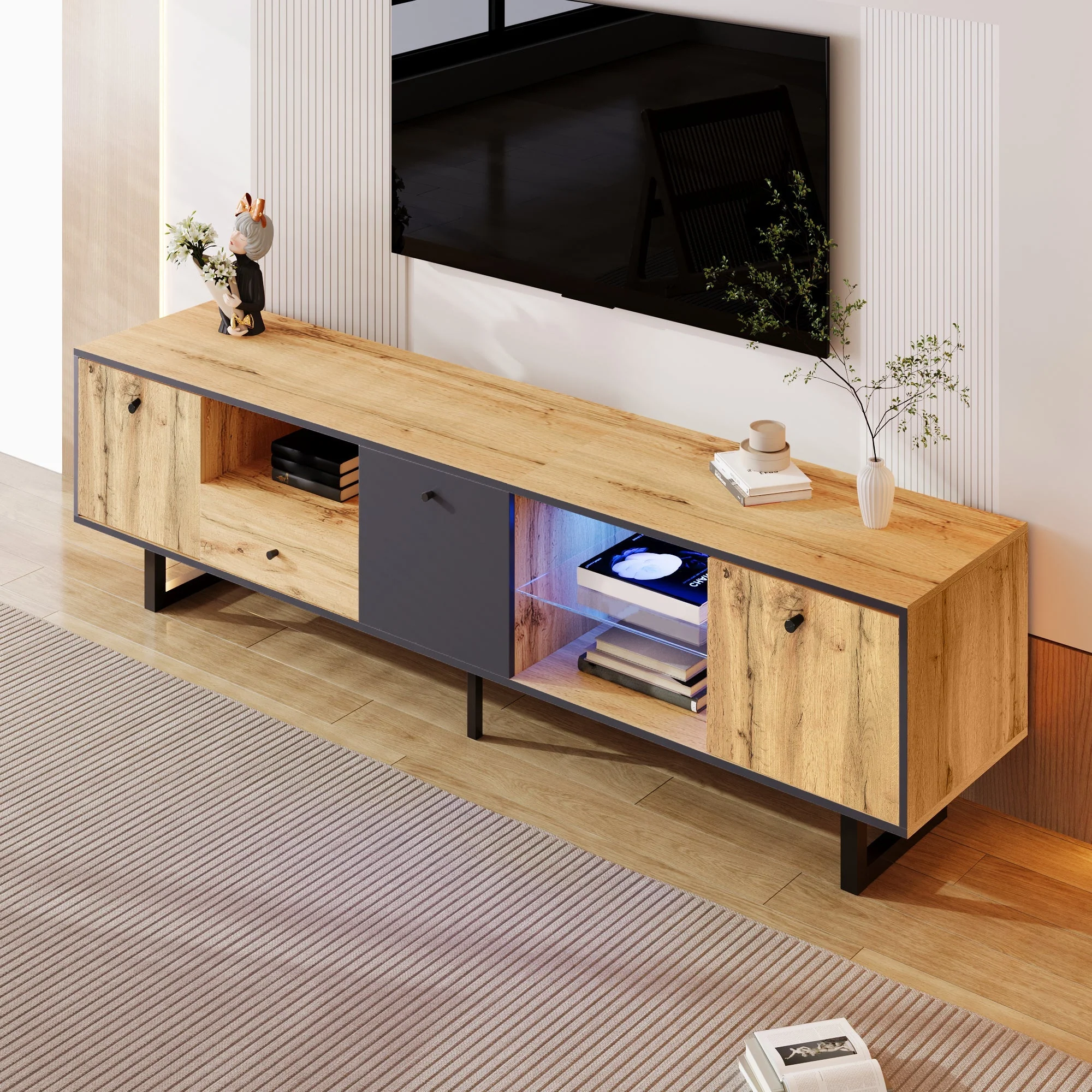 Lowboard TV Cabinet, LED Light & Glass Partition, Color-Matching Design - Image 5
