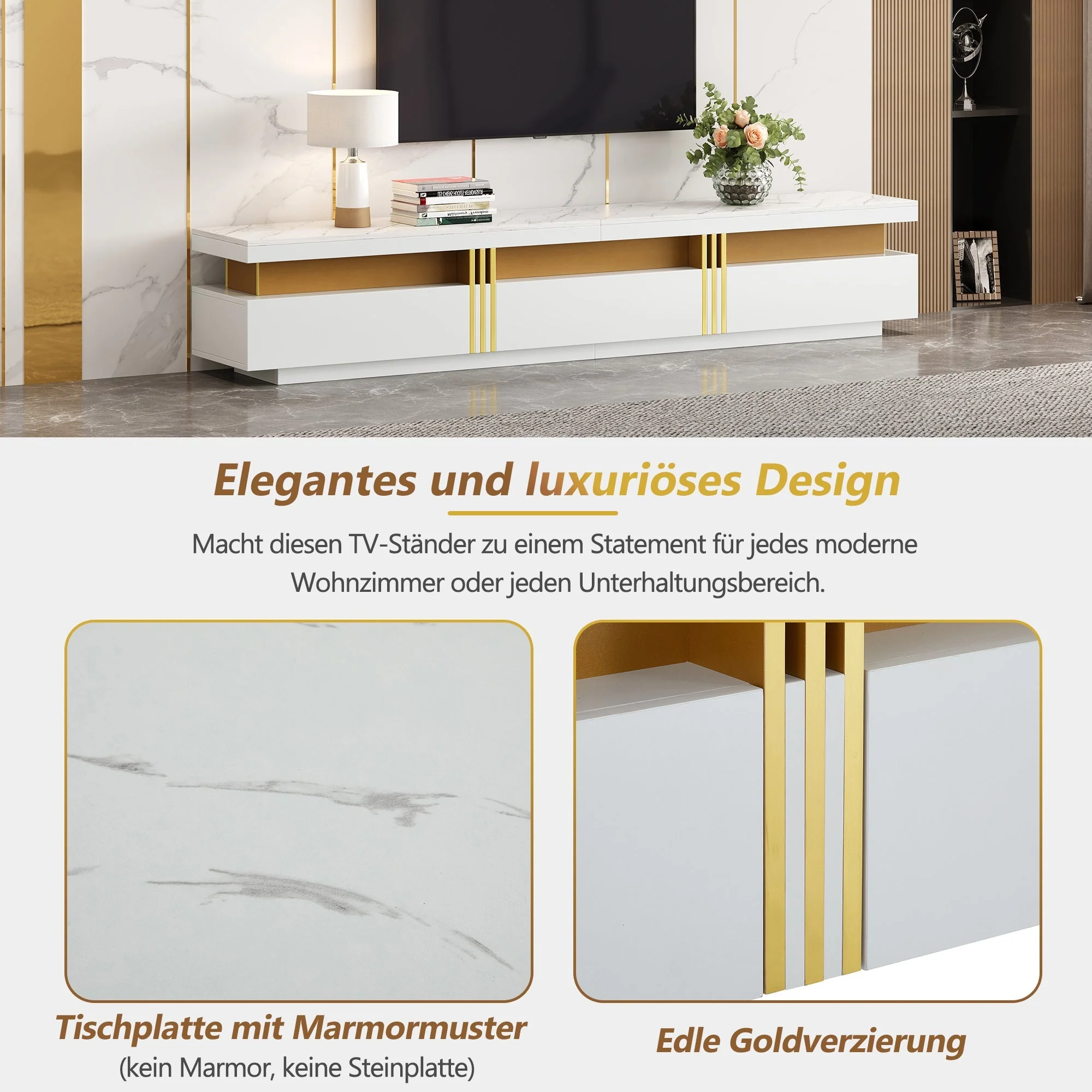 Lowboard TV Cabinet Modern 200cm 3 Drawers Cable Management - Marble Look - Image 10