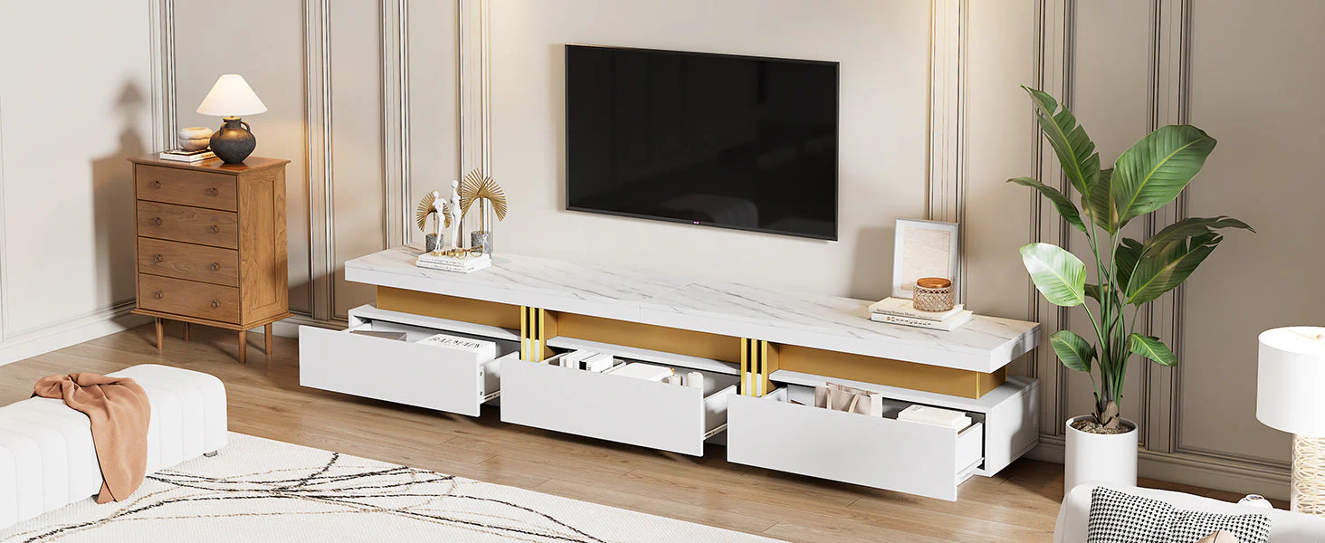 Lowboard TV Cabinet Modern 200cm 3 Drawers Cable Management - Marble Look - Image 5