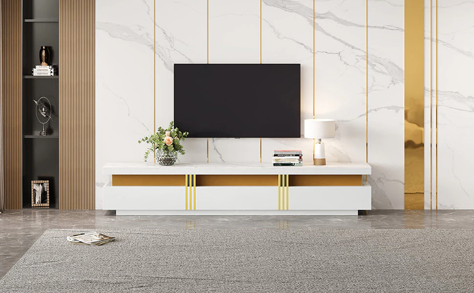 Lowboard TV Cabinet Modern 200cm 3 Drawers Cable Management - Marble Look - Image 6