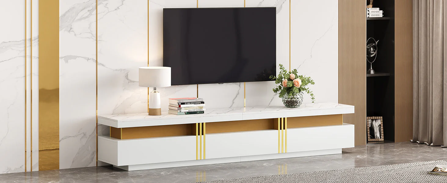 Lowboard TV Cabinet Modern 200cm 3 Drawers Cable Management - Marble Look - Image 8
