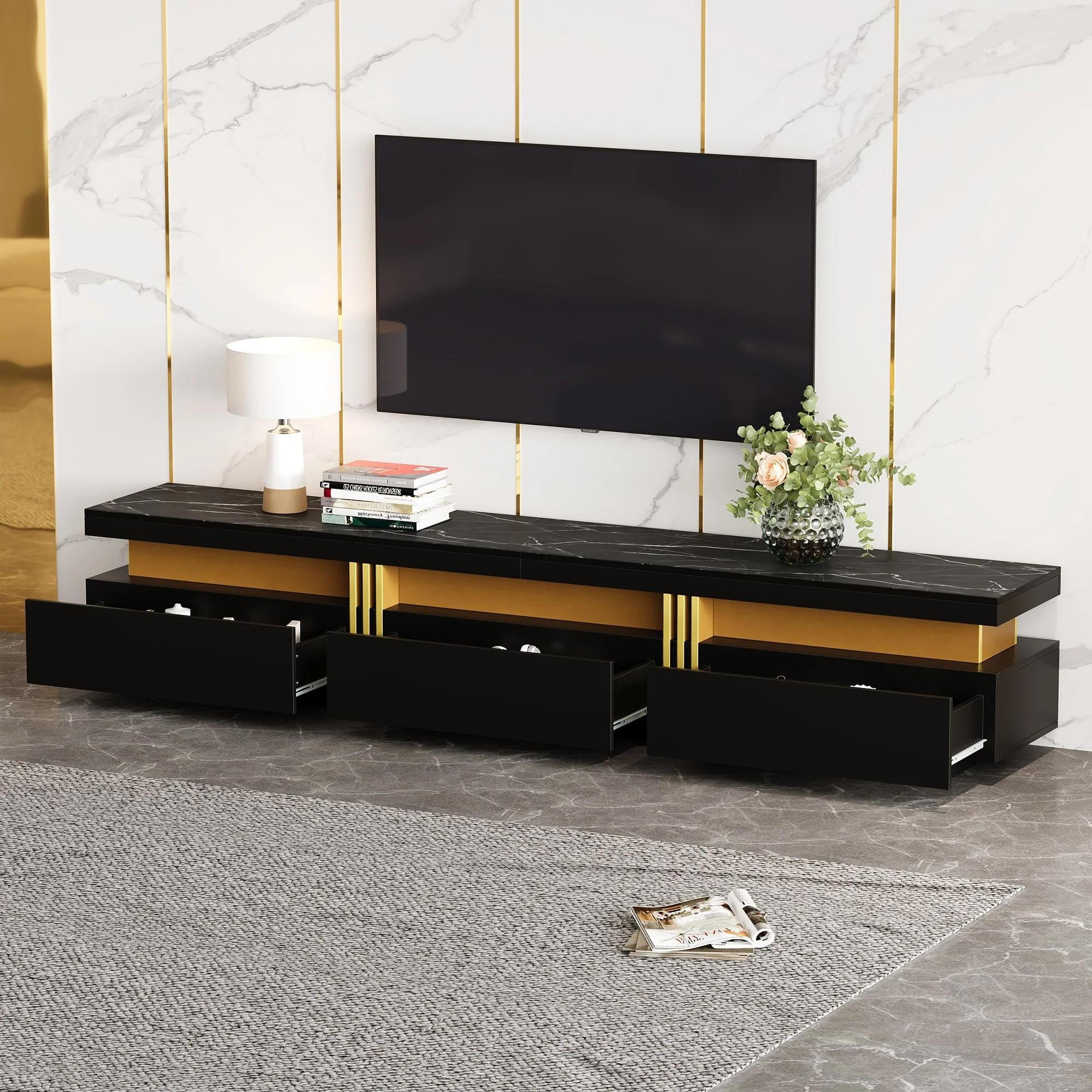 Lowboard TV Cabinet, Modern Marble Look with 3 Drawers, for up to 90-inch TVs - Image 2