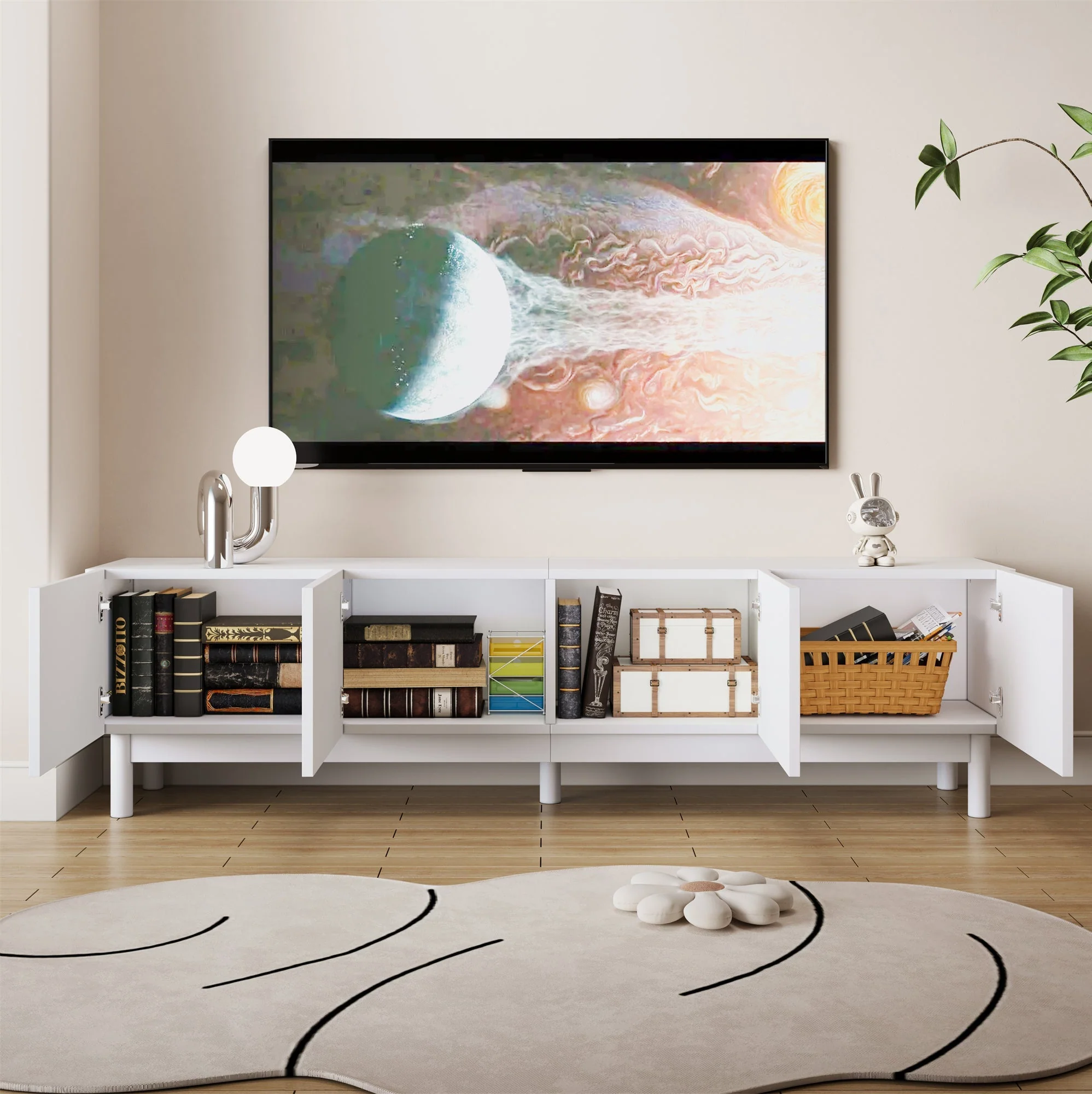 Lowboard TV Cabinet with Curved Doors, Shelves & Stabilizing Legs - Image 7