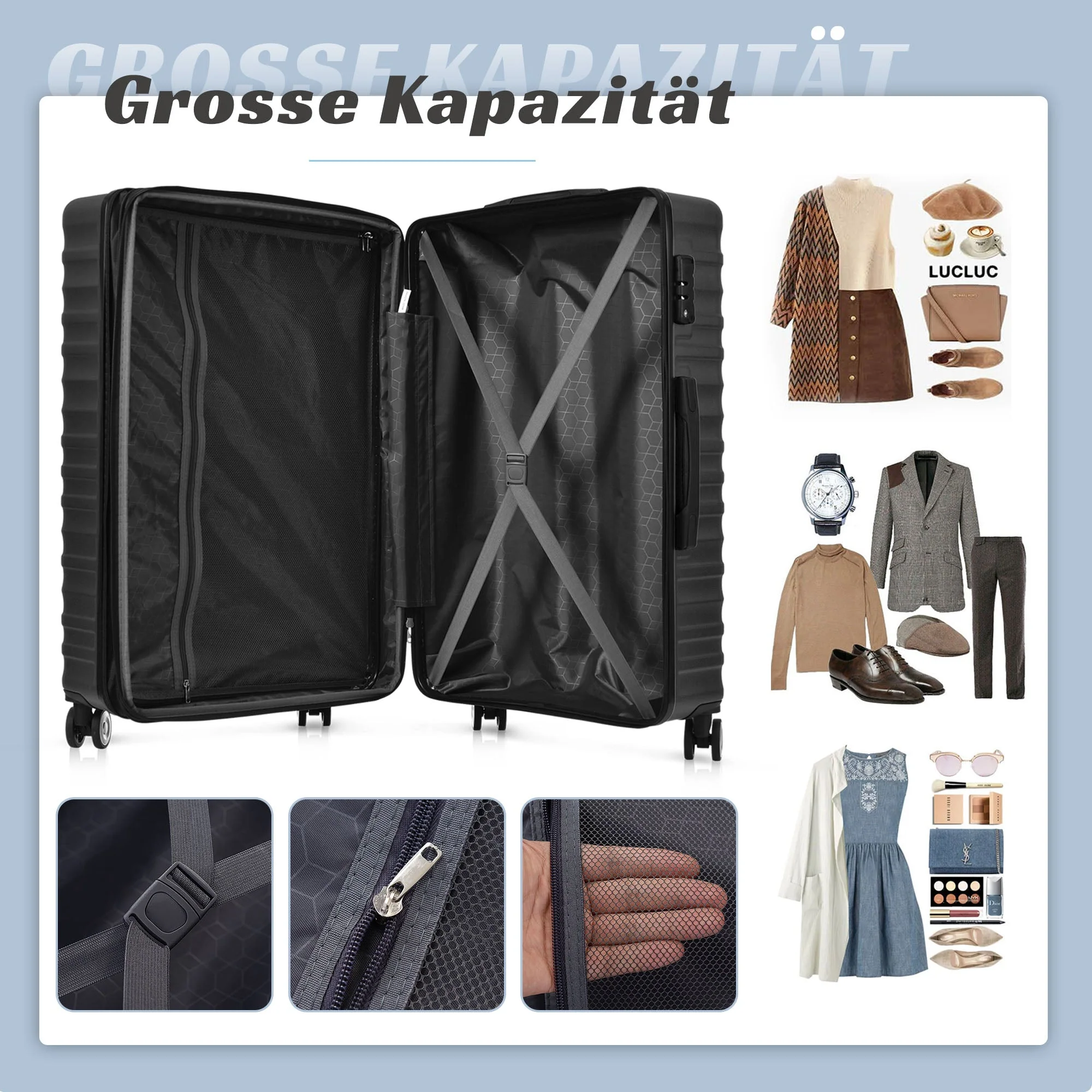 Luggage Set - Three Sizes, ABS Material, TSA Lock, Expandable, Black - Image 3