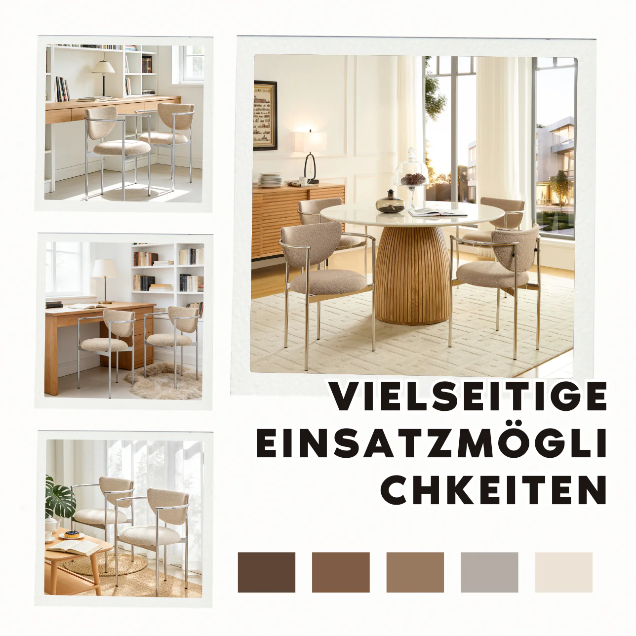 Lunar Dining Chair - Polished Stainless Steel Frame - Light Khaki - Image 2