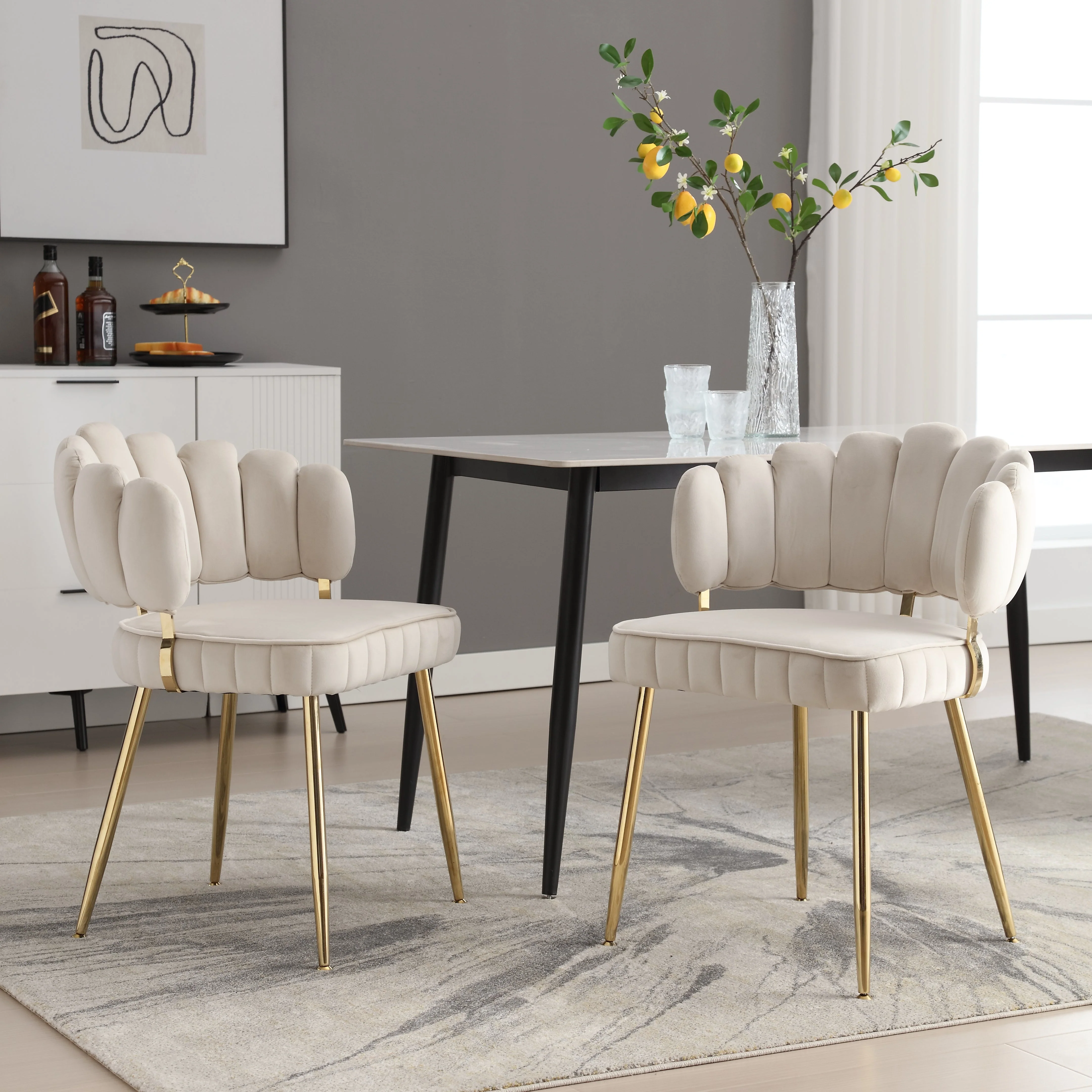 Luvian Armchair, Velvet, Floral Backrest, Metal Legs (Set of 2)