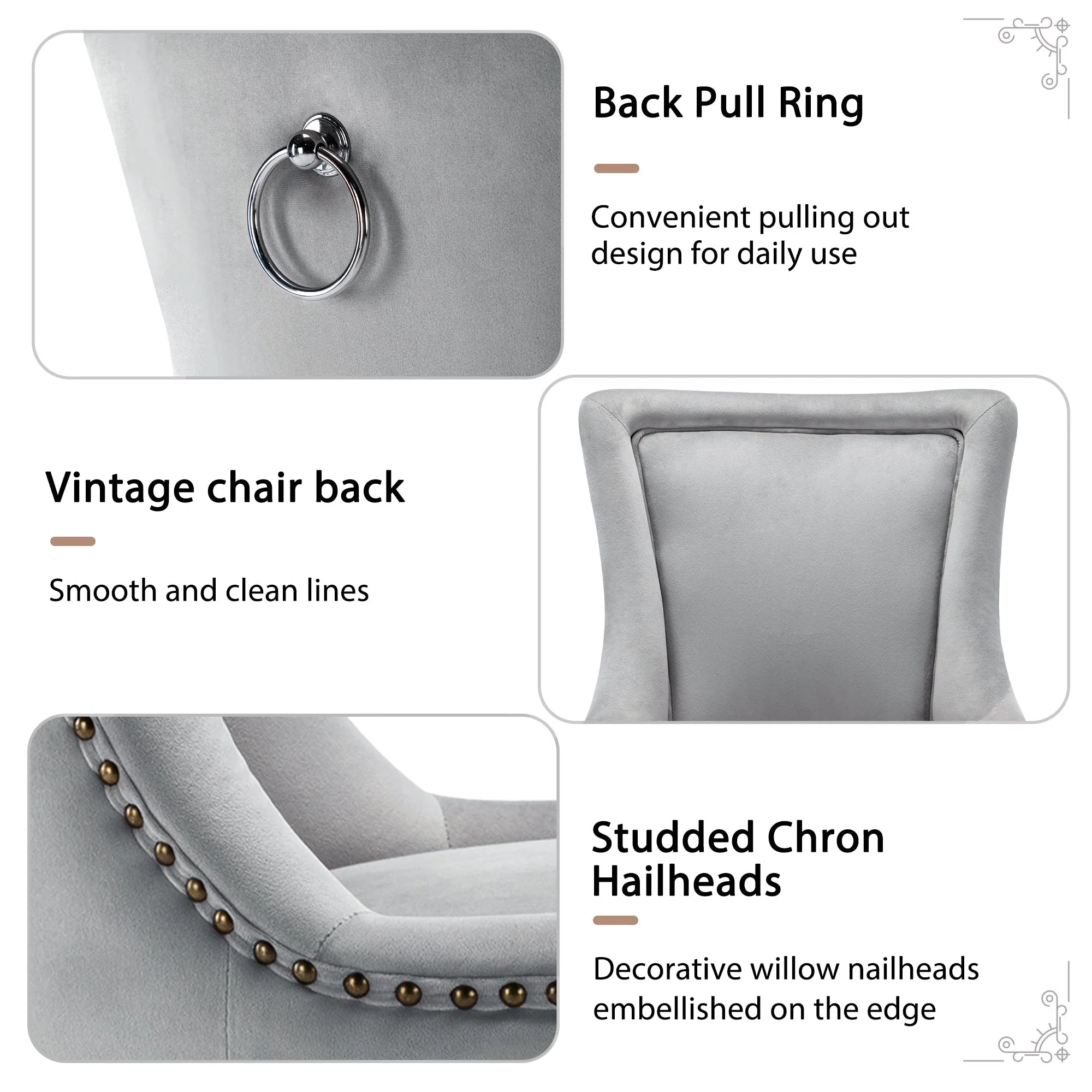 Luxurious Dining Chair Set of 2 Nailhead Trim Solid Wood Legs Grey Velvet - Image 10
