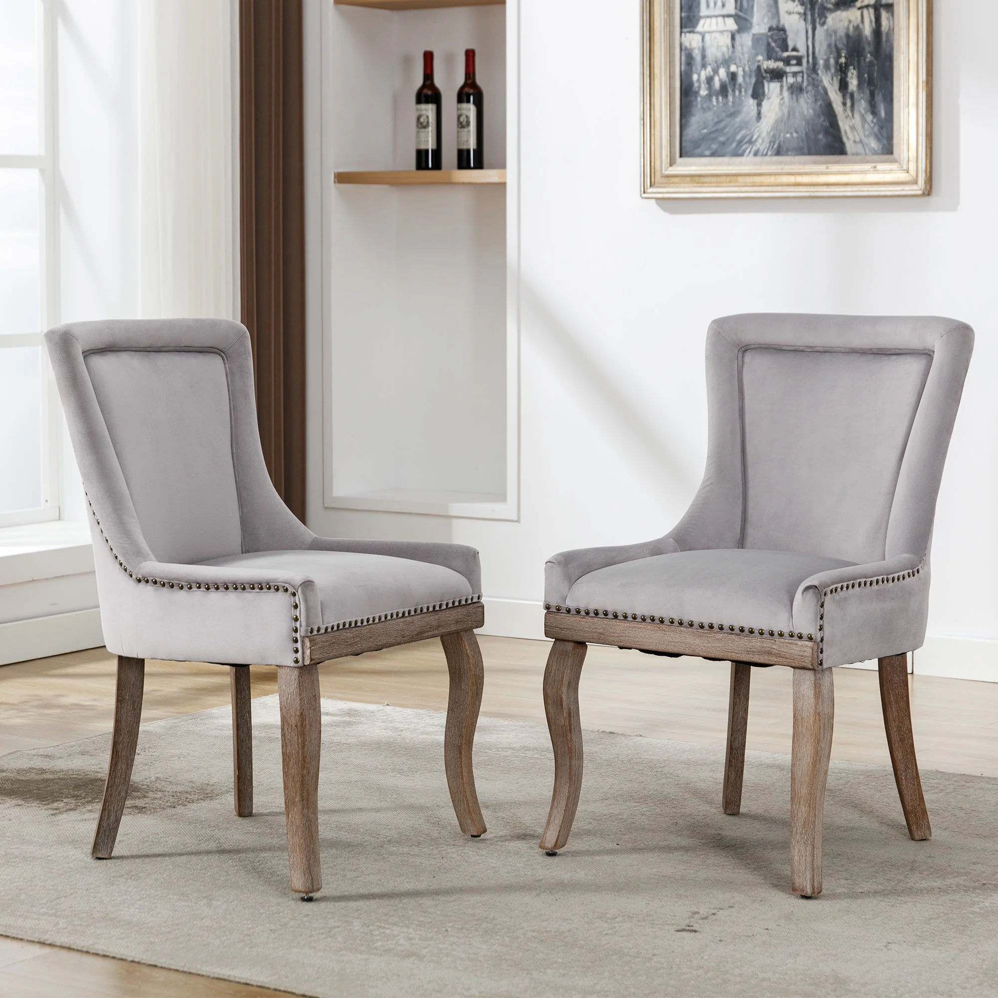Luxurious Dining Chair Set of 2 Nailhead Trim Solid Wood Legs Grey Velvet - Image 2