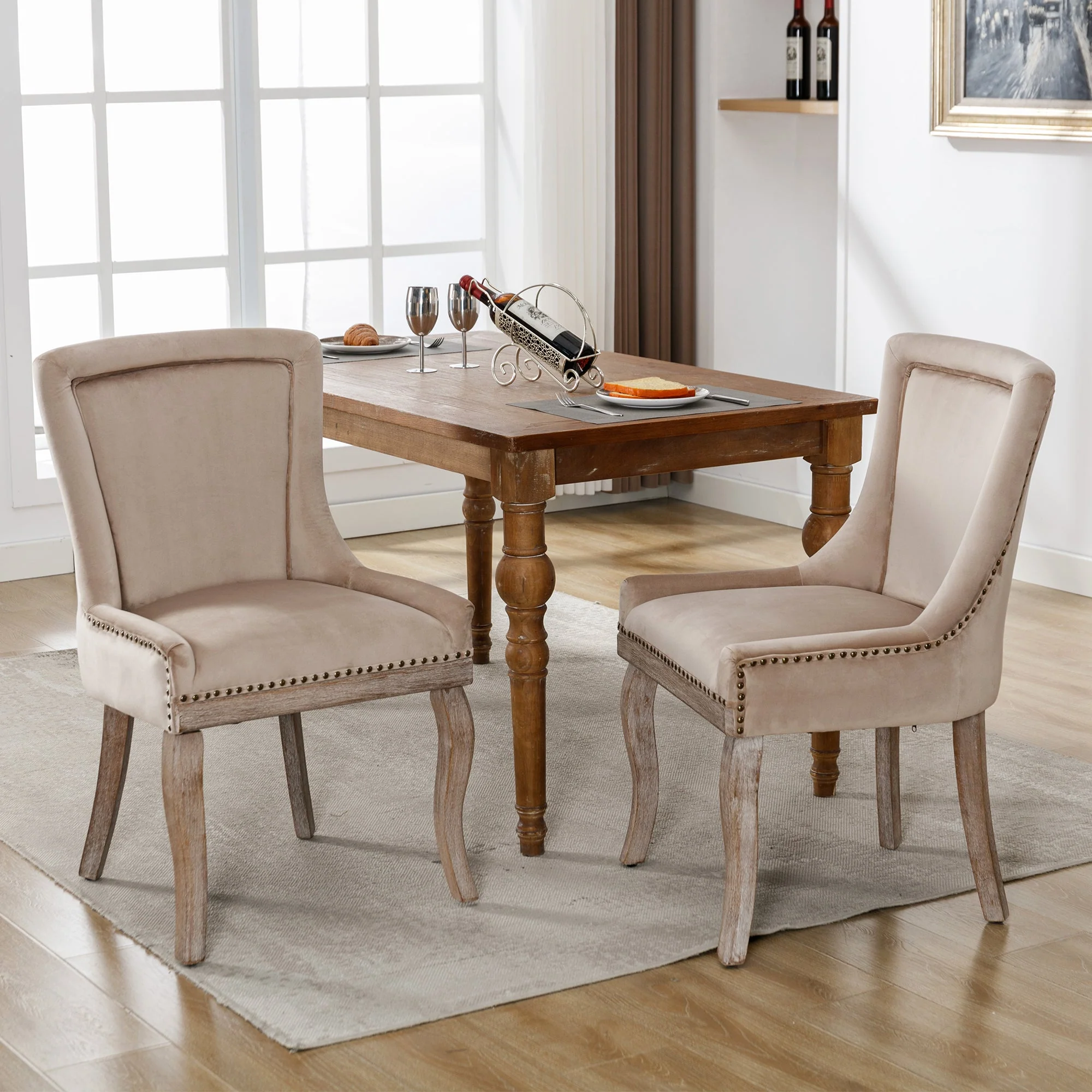 Luxurious Dining Chair Set of 2 Upholstered Nailhead Trim Solid Wood Legs Beige Velvet - Image 4