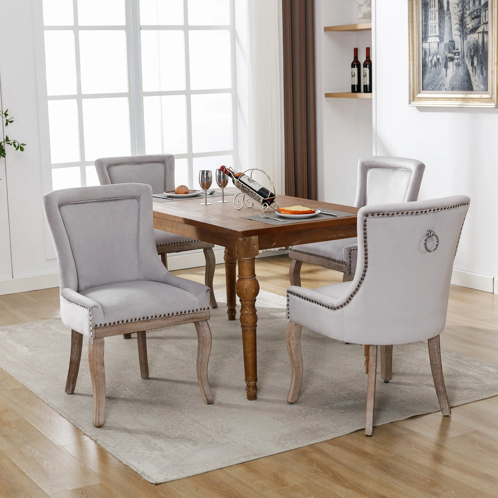 Luxurious Dining Chair Set of 4 Upholstered Nailhead Trim Solid Wood Legs Grey Velvet - Image 3