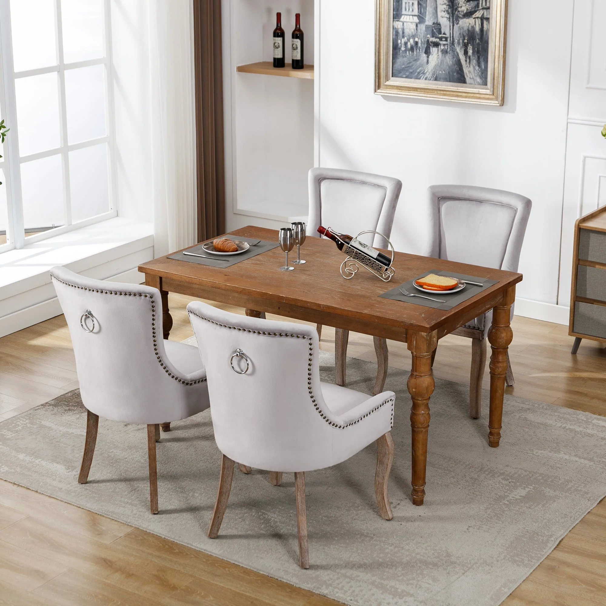 Luxurious Dining Chair Set of 4 Upholstered Nailhead Trim Solid Wood Legs Grey Velvet - Image 6