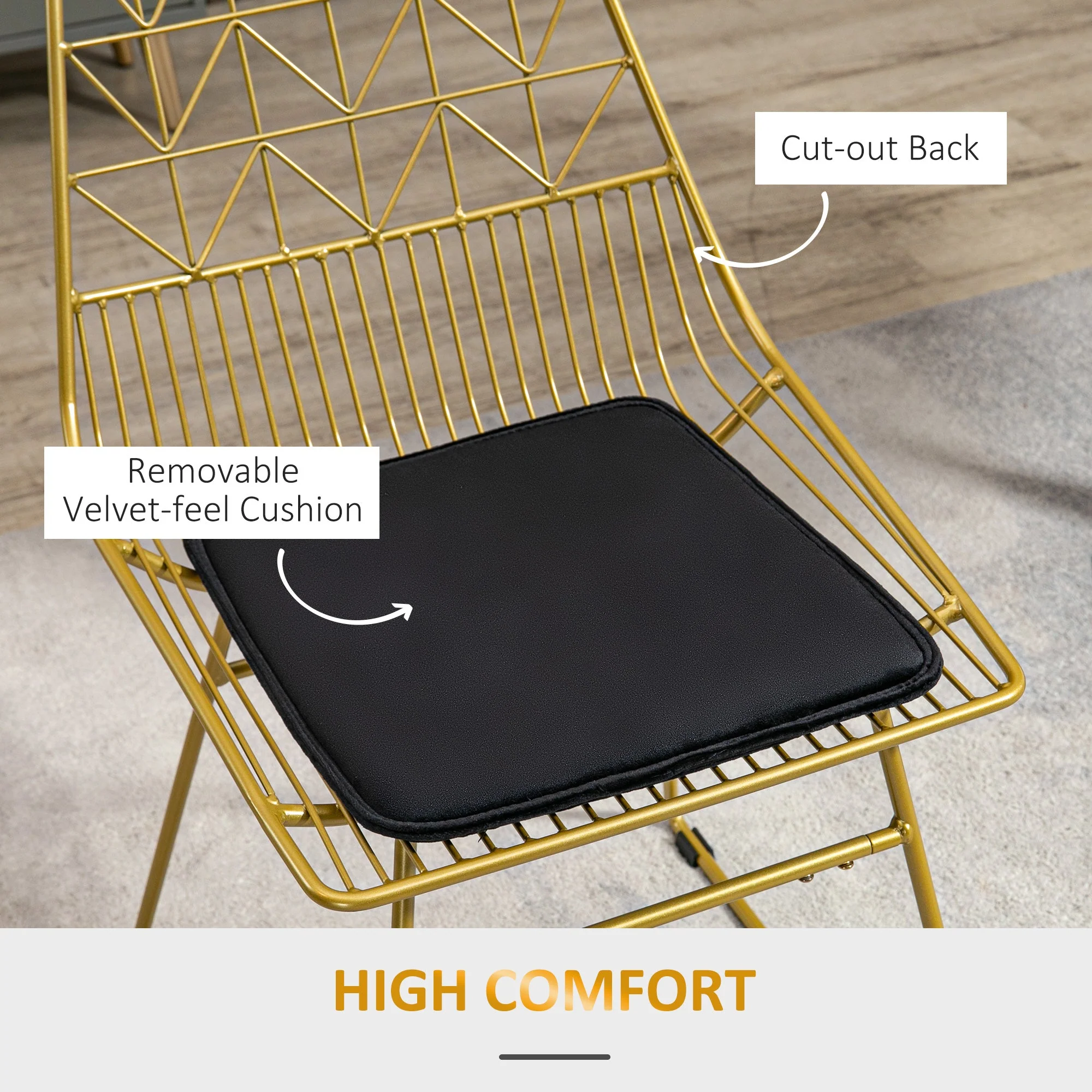 Luxurious Dining Chairs Set of 2, Metal Wire, Removable Cushion, Cut-out Back, Gold Tone - Image 5