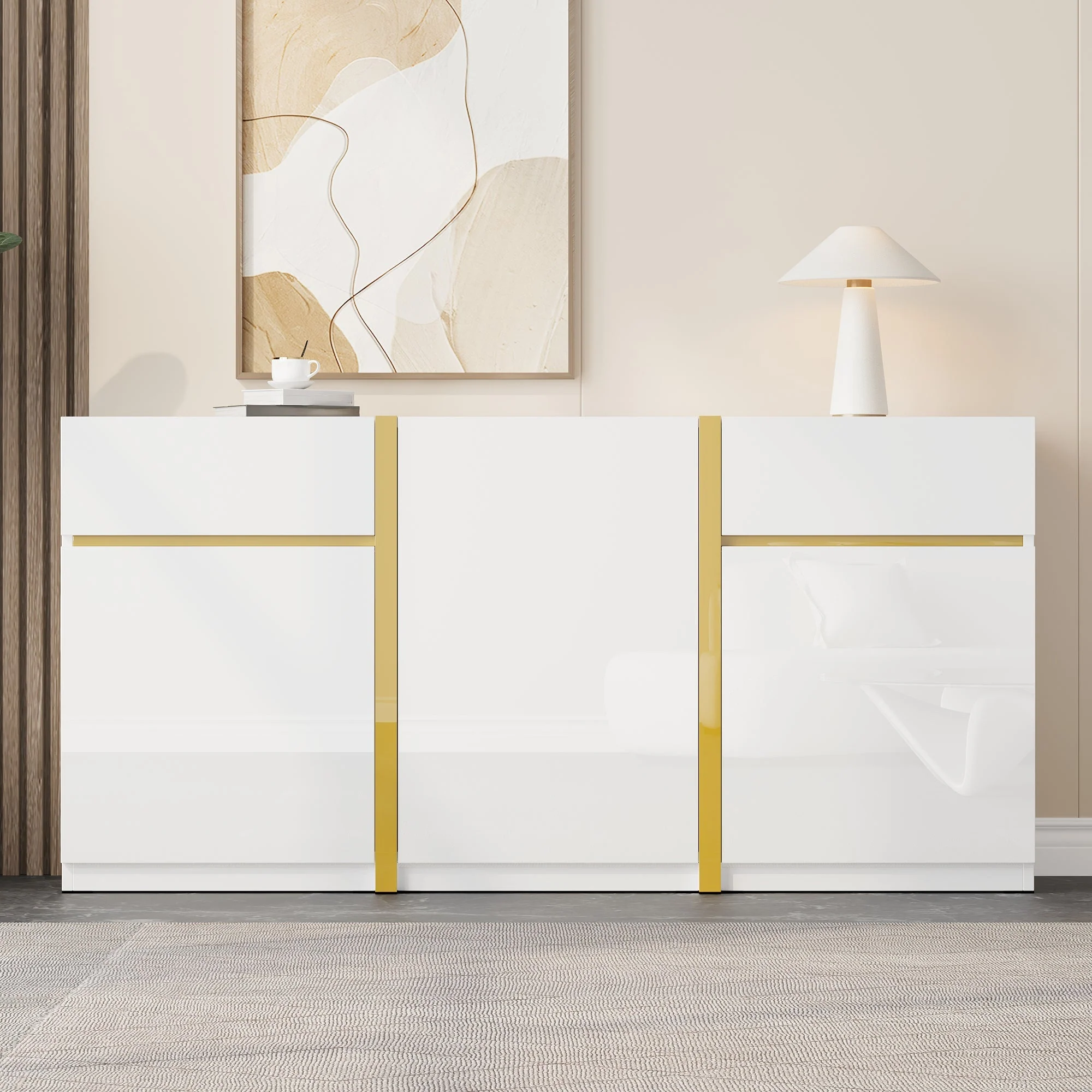 Luxurious Sideboard with 3 Doors and 2 Drawers, High-Gloss Lacquer Finish, White Wood - Image 8