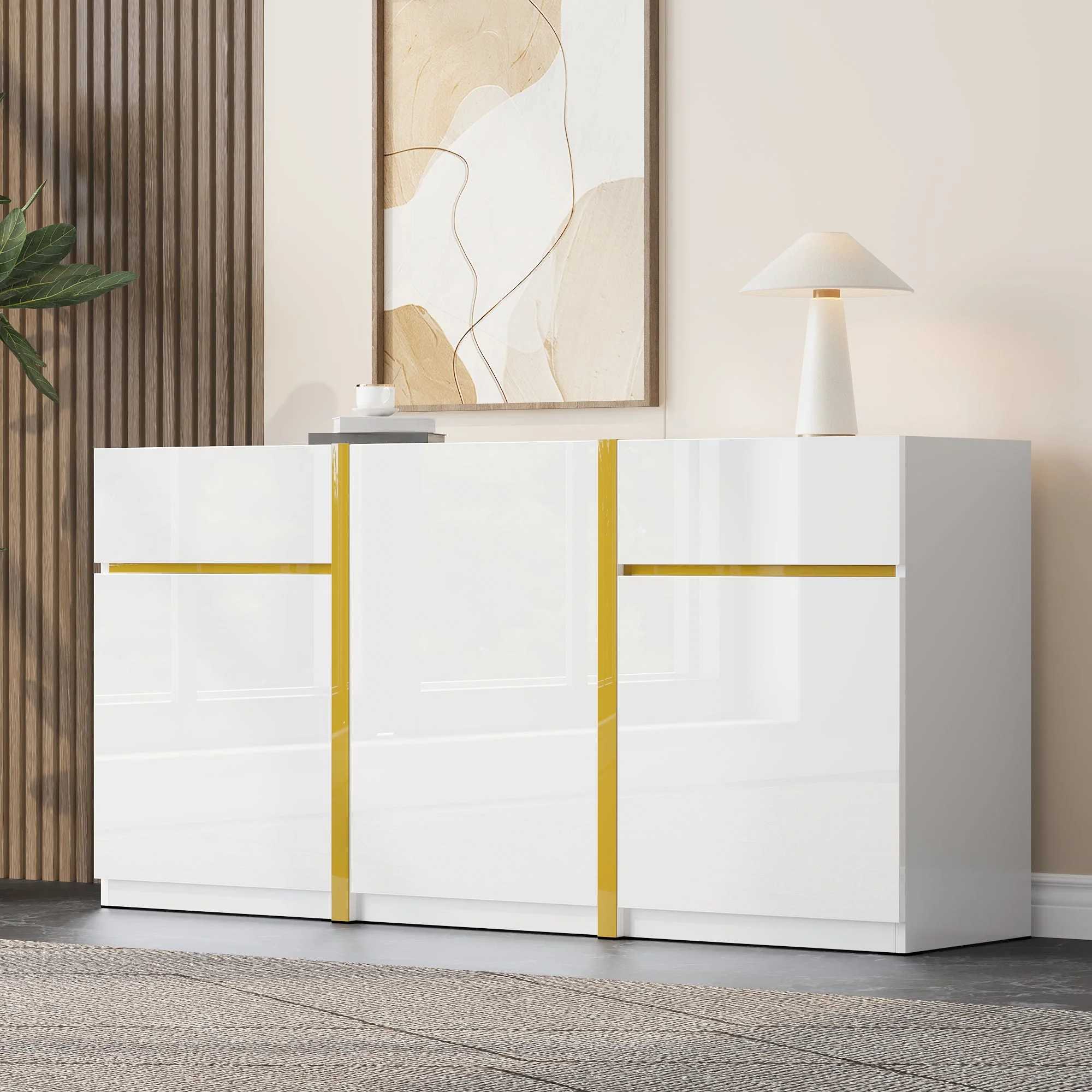Luxurious Sideboard with 3 Doors and 2 Drawers, High-Gloss Lacquer Finish, White Wood - Image 9