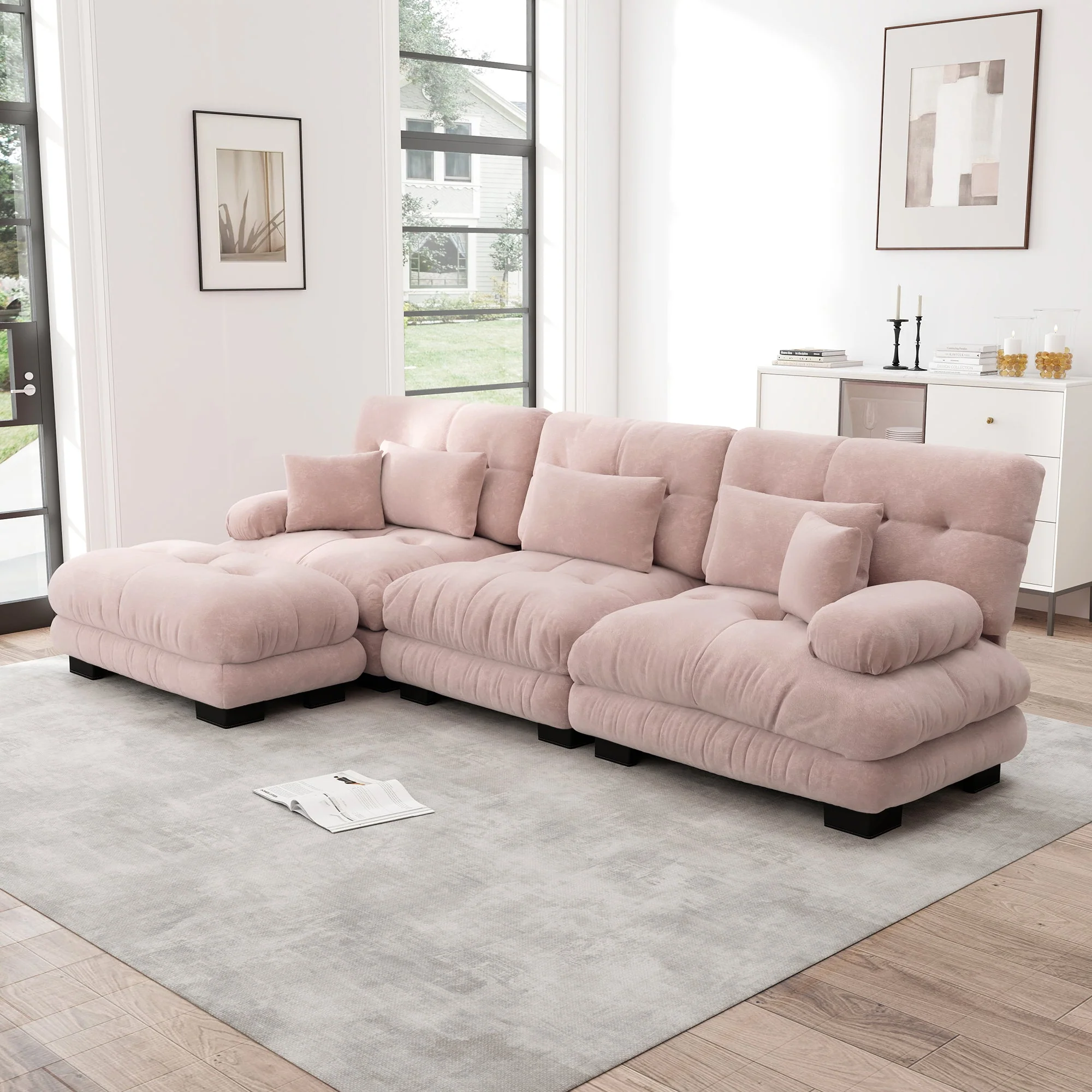 Luxury Modular Corner Sofa - Oversized L-shaped Cloud Couch with Ottoman, Chenille Pink - Image 3