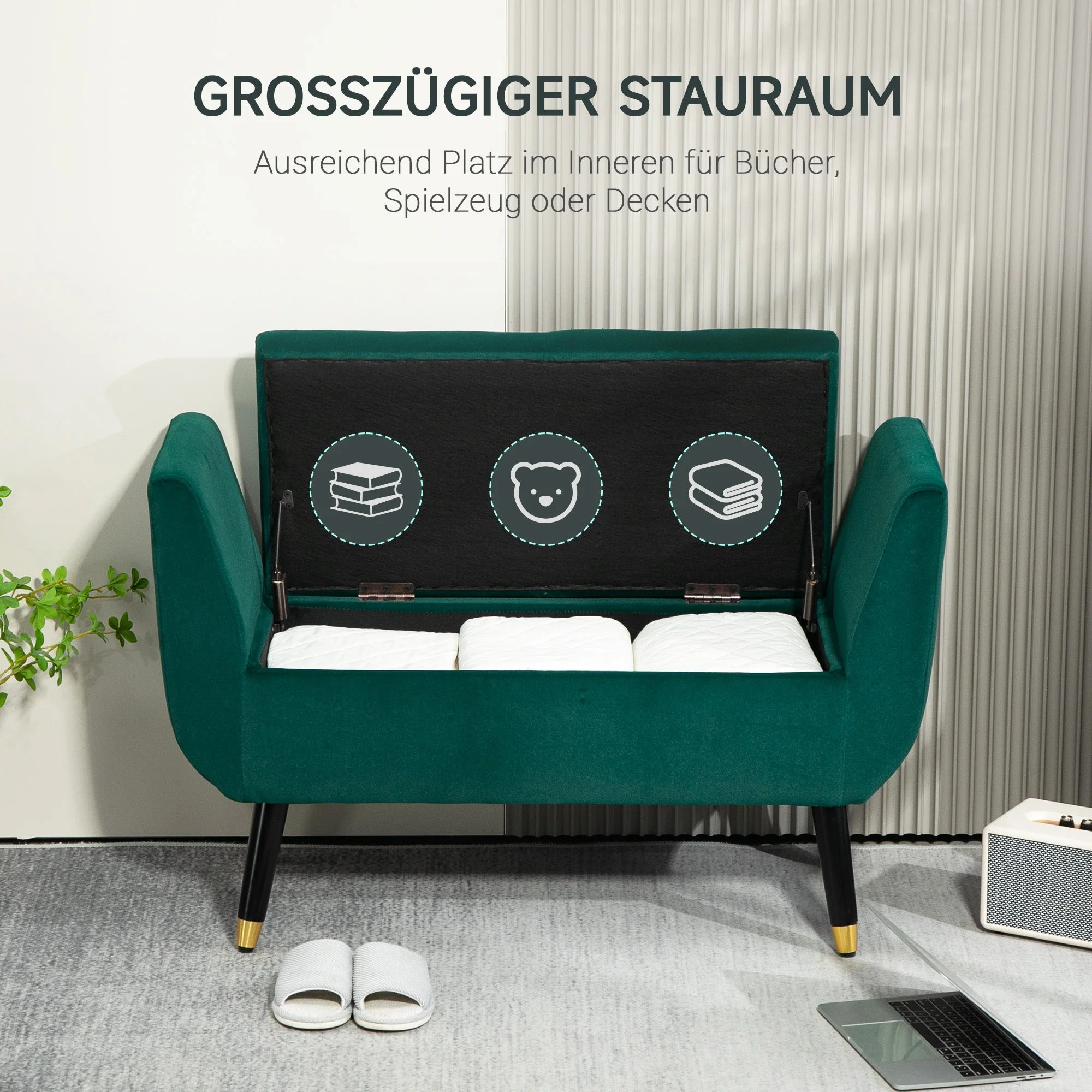 Luxury Upholstered Bench, Storage Armrests Chest, Velvet Polyester Rubberwood Green - Image 4