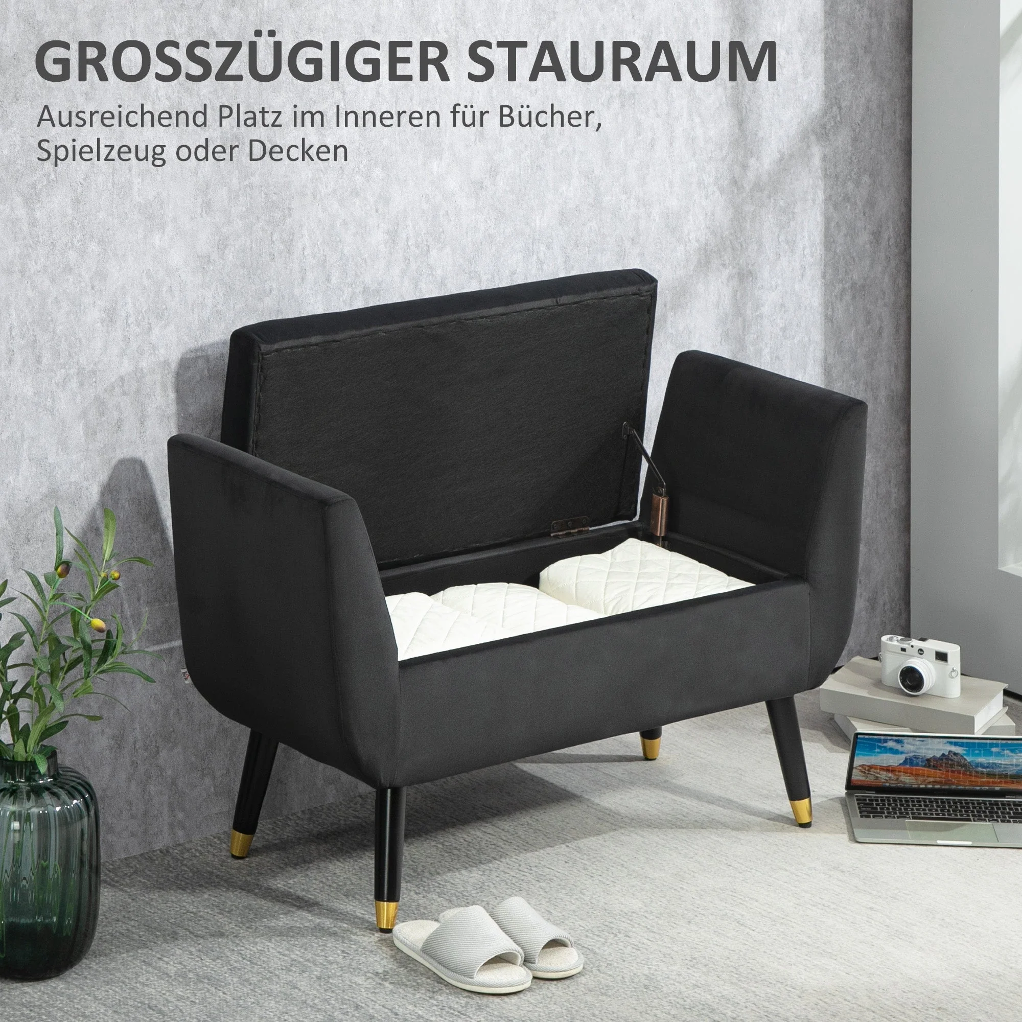 Luxury Upholstered Bench with Storage Armrests, Velvet, Dark Grey - Image 4