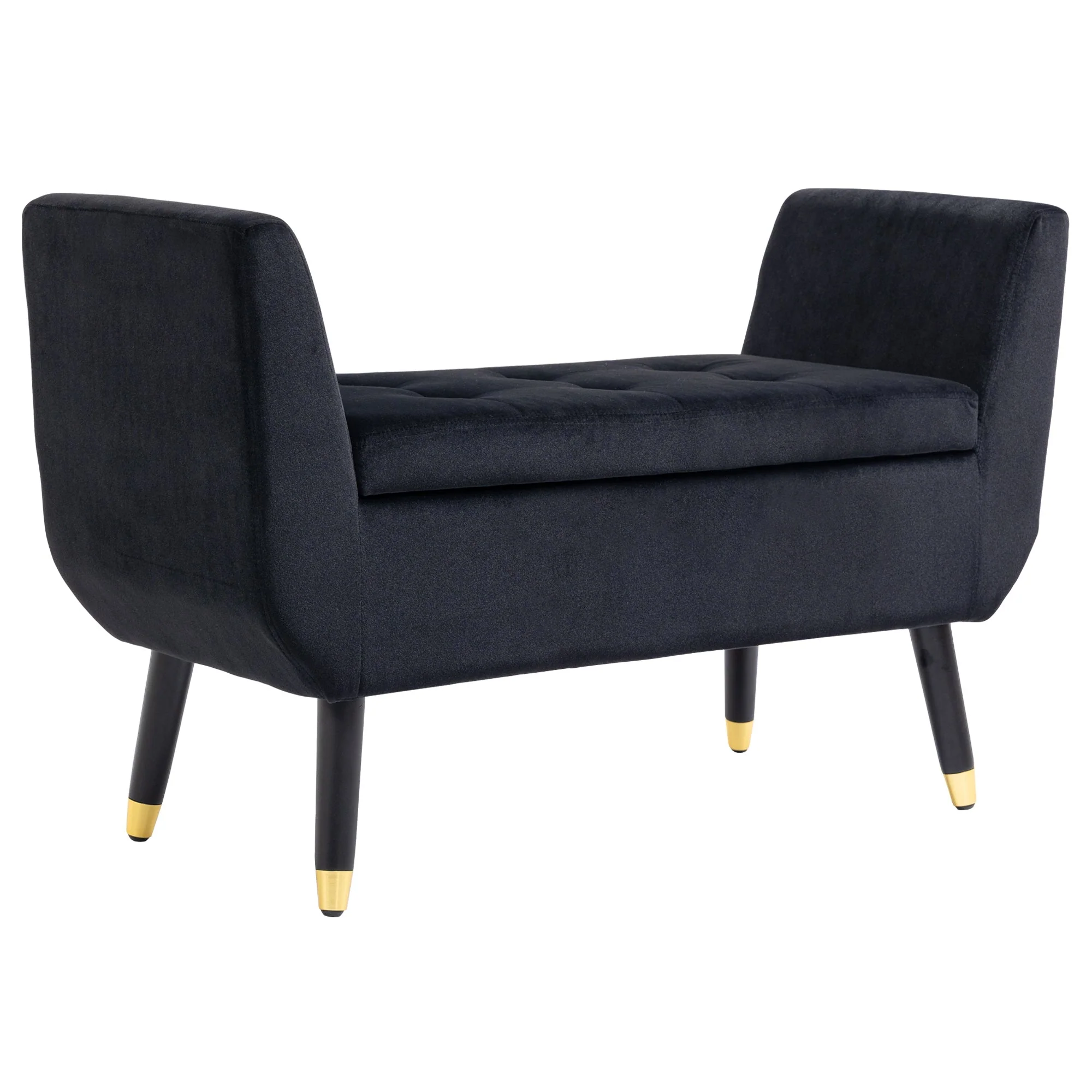 Luxury Upholstered Bench, with Storage & Armrests, Velvet Polyester, Black - Image 2