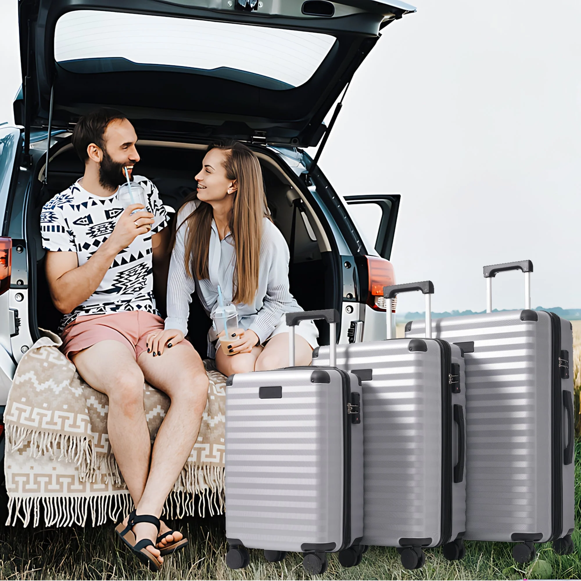 M&L&XL 3-Piece Suitcase Set - Expandable, Reinforced Corners, Cup Holder, TSA Lock, 360° Rotating Wheels, ABS Hard-Shell