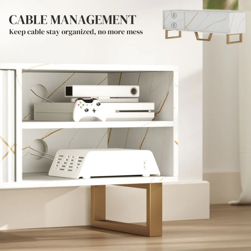 Marble Effect TV Unit Stand for 70" TVs, Fluted Door Storage, White - Image 6