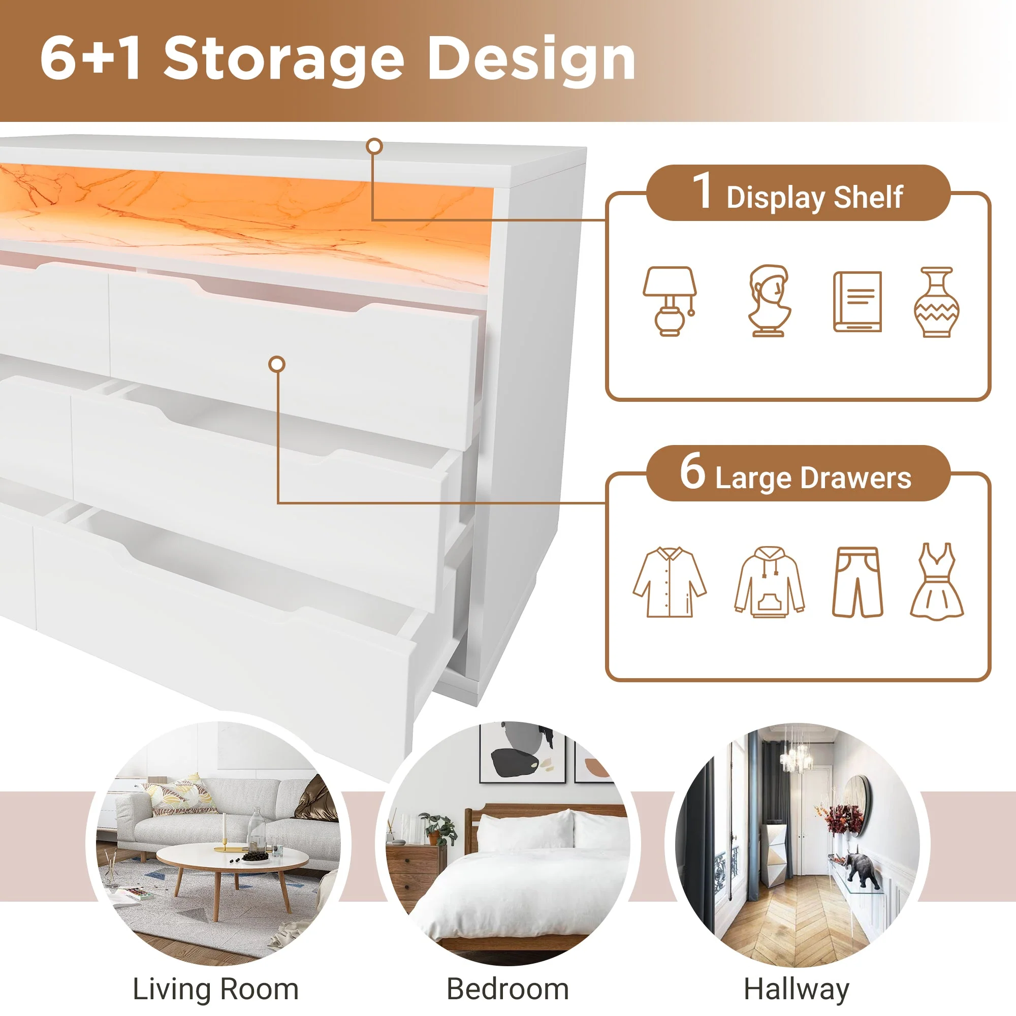 Marbled 6-Drawer Sideboard, RGB LED Lighting & Shelves, White - Image 4