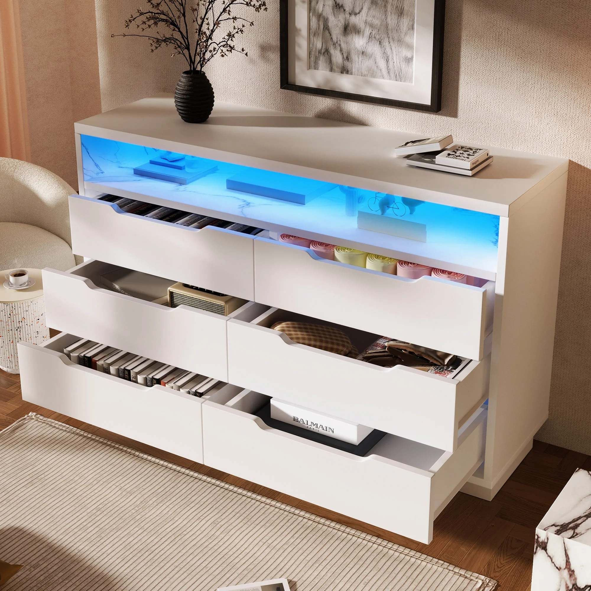 Marbled 6-Drawer Sideboard, RGB LED Lighting & Shelves, White - Image 7