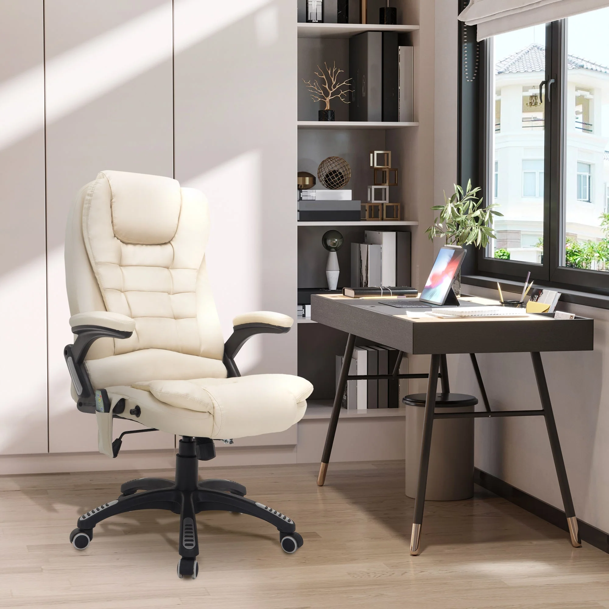 Massage Chair Executive, 6-Point Vibration, Heat & Recline, Beige Faux Leather - Image 2