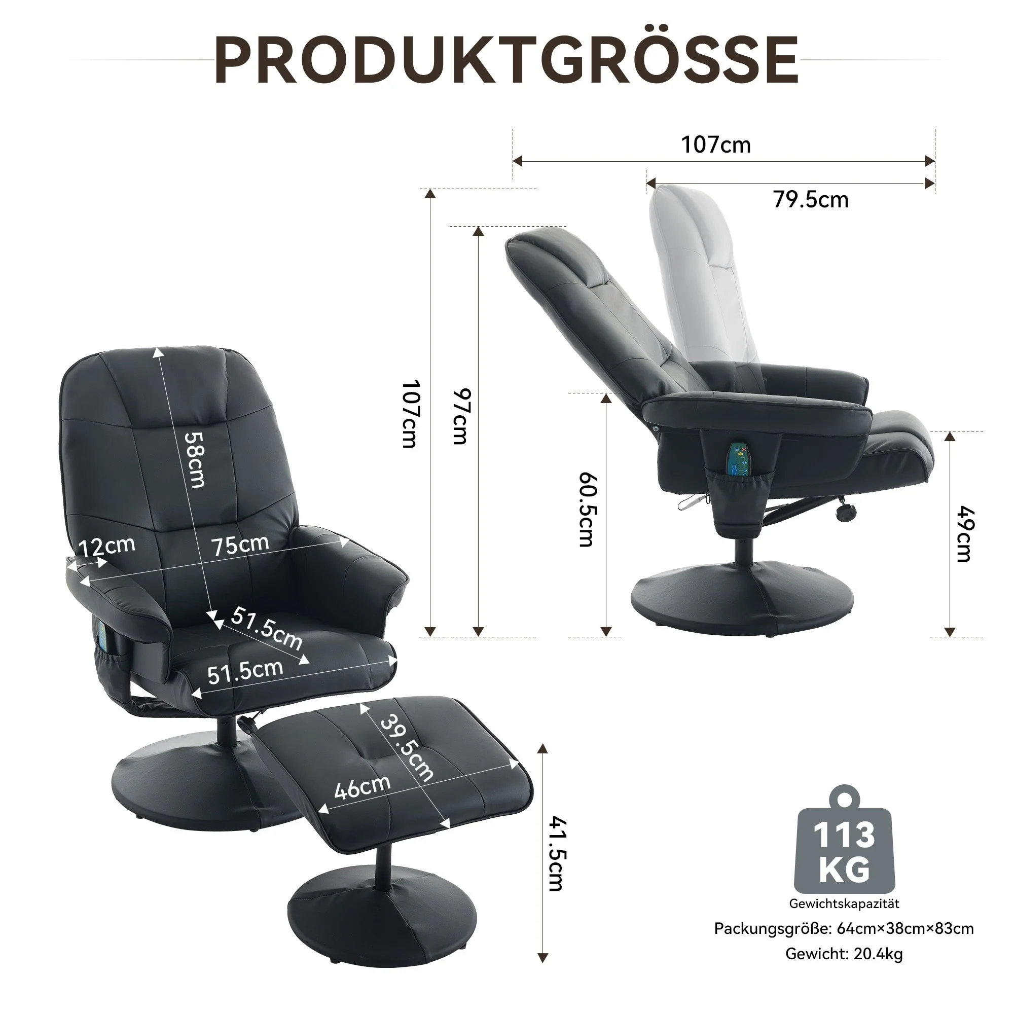 Massage Chair: Reclining, Heating & Stool, 360° Rotation, Black PU Fabric - Image 2