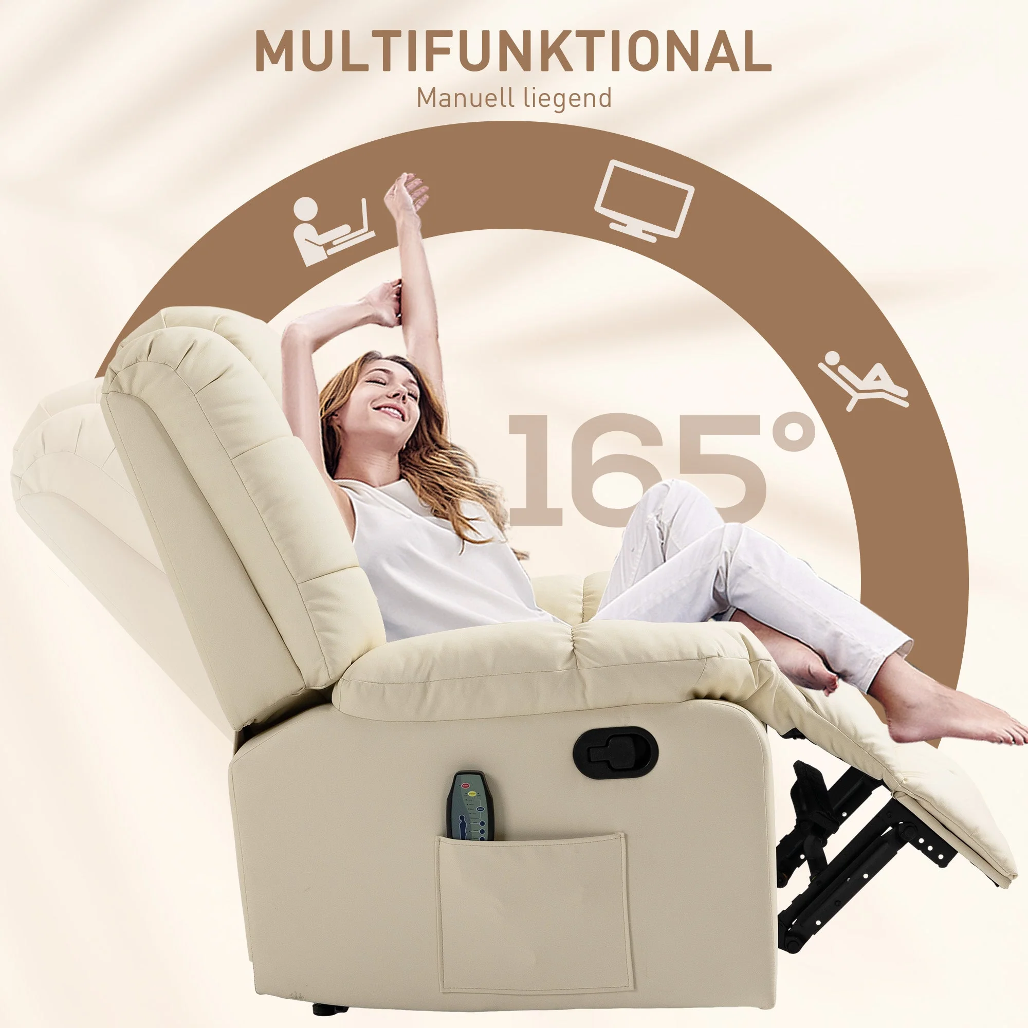 Massage chair TV chair electric relaxation with massage function artificial leather cream white - Image 5