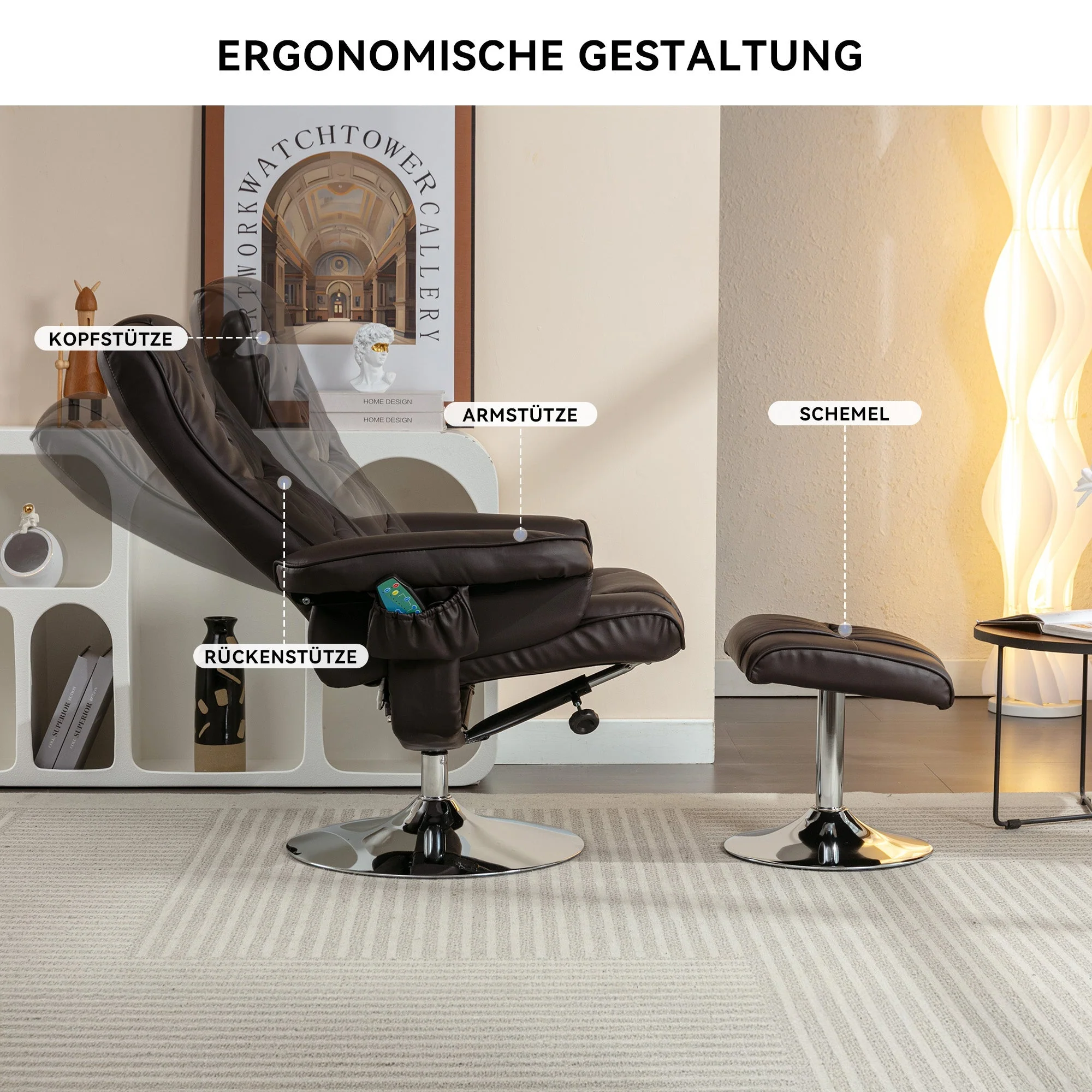 Massage Chair with 5-Point Massager, Ottoman, PU Upholstery, Brown - Image 5