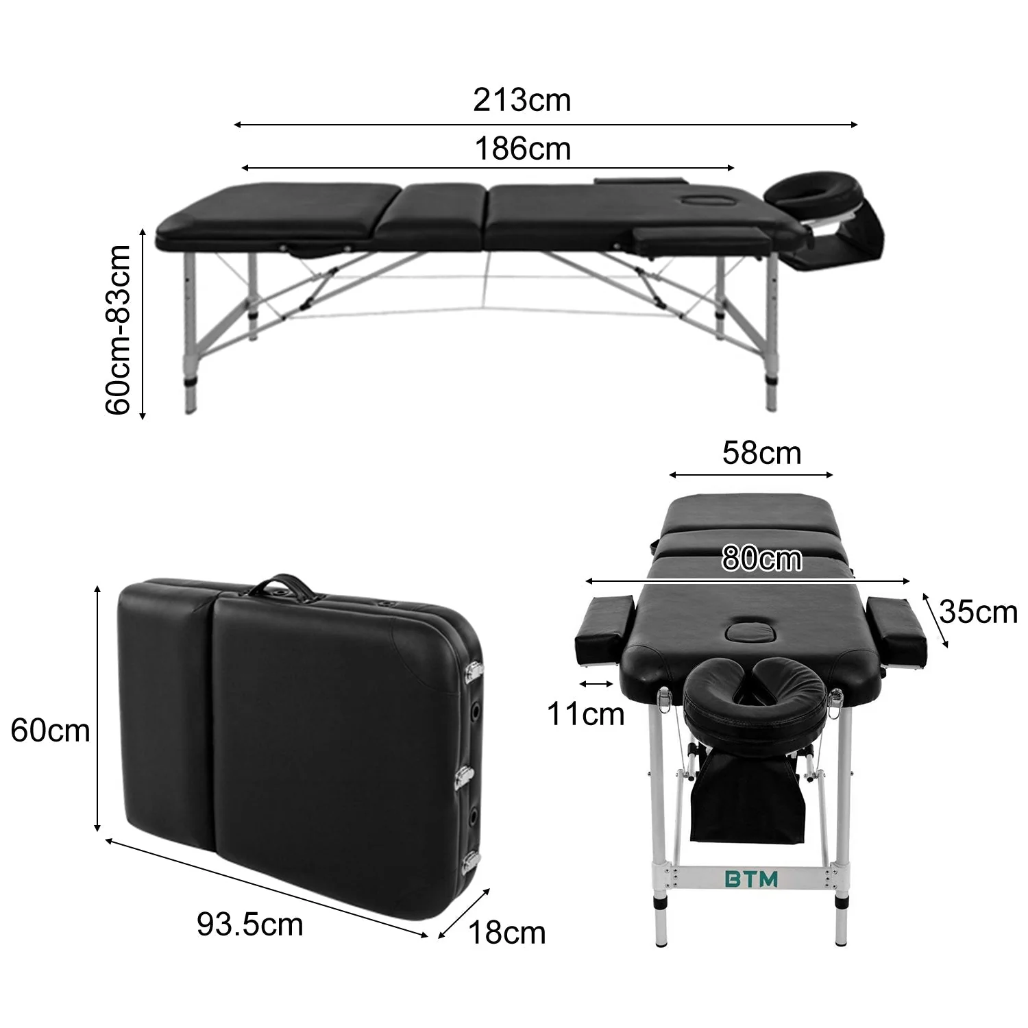 Massage Table Couch Bed Portable Folded 3 Section with Premium PU Leather and 5 cm High Density Multi-Layer Foam, Headrest, Arm Support and Carrying Bag Black - Image 3