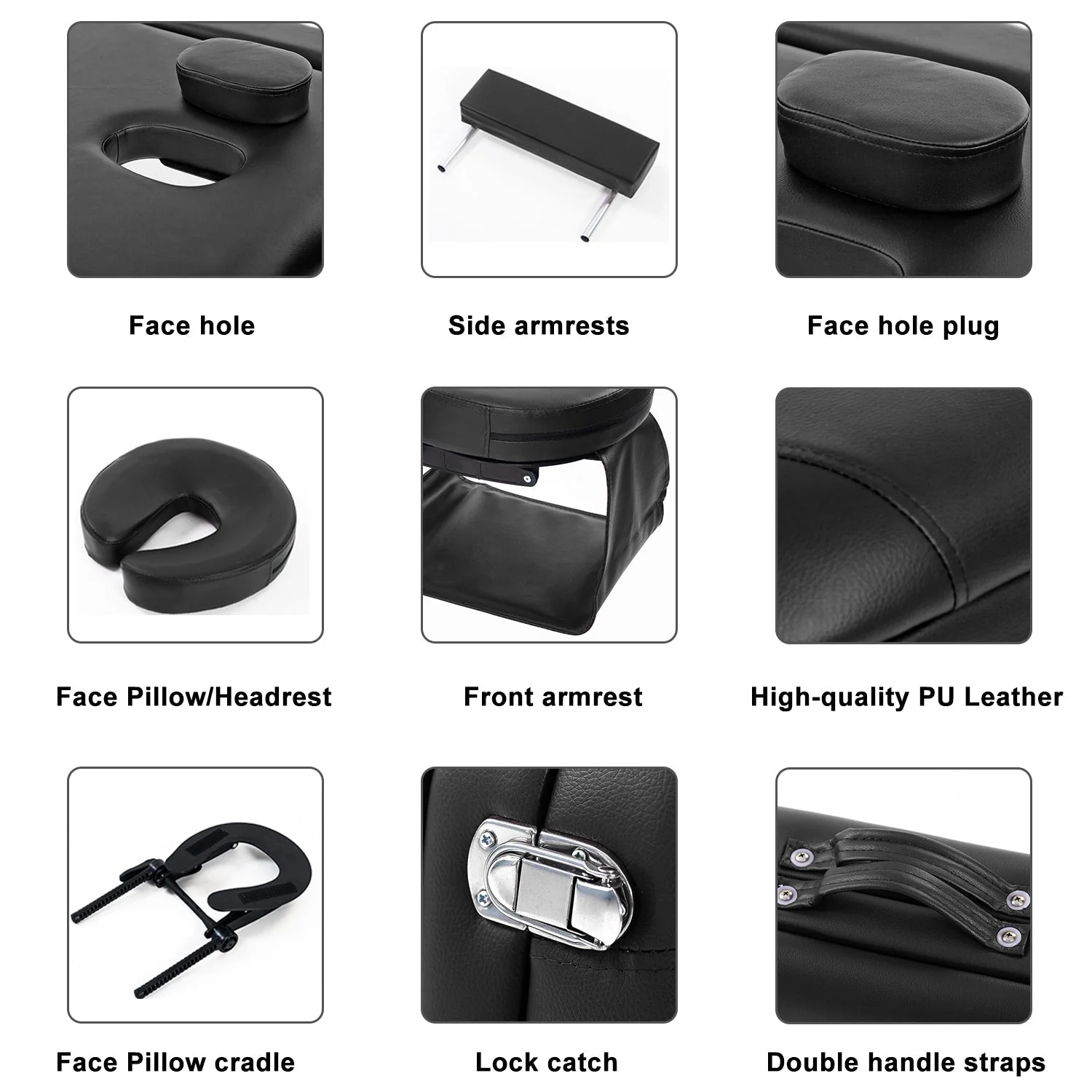 Massage Table Couch Bed Portable Folded 3 Section with Premium PU Leather and 5 cm High Density Multi-Layer Foam, Headrest, Arm Support and Carrying Bag Black - Image 5