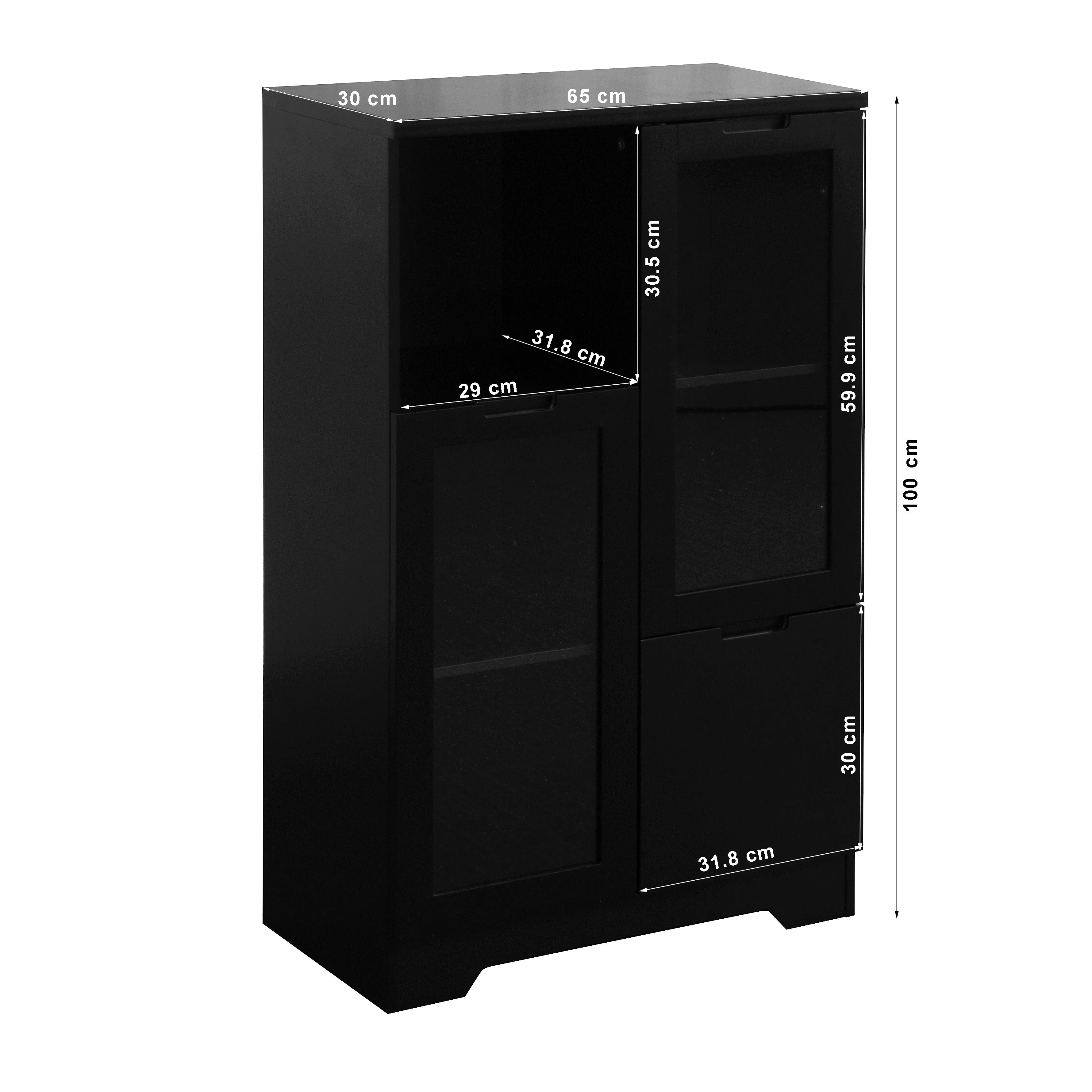 MDF Cabinet Glass Doors Drawer Open Storage - Black - Image 3