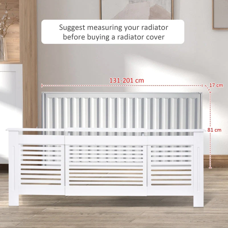 MDF Extendable Radiator Cover Cabinet Shelving Slatted Design (139-208.5L x 20.5W x 82.5H cm) White - Image 7
