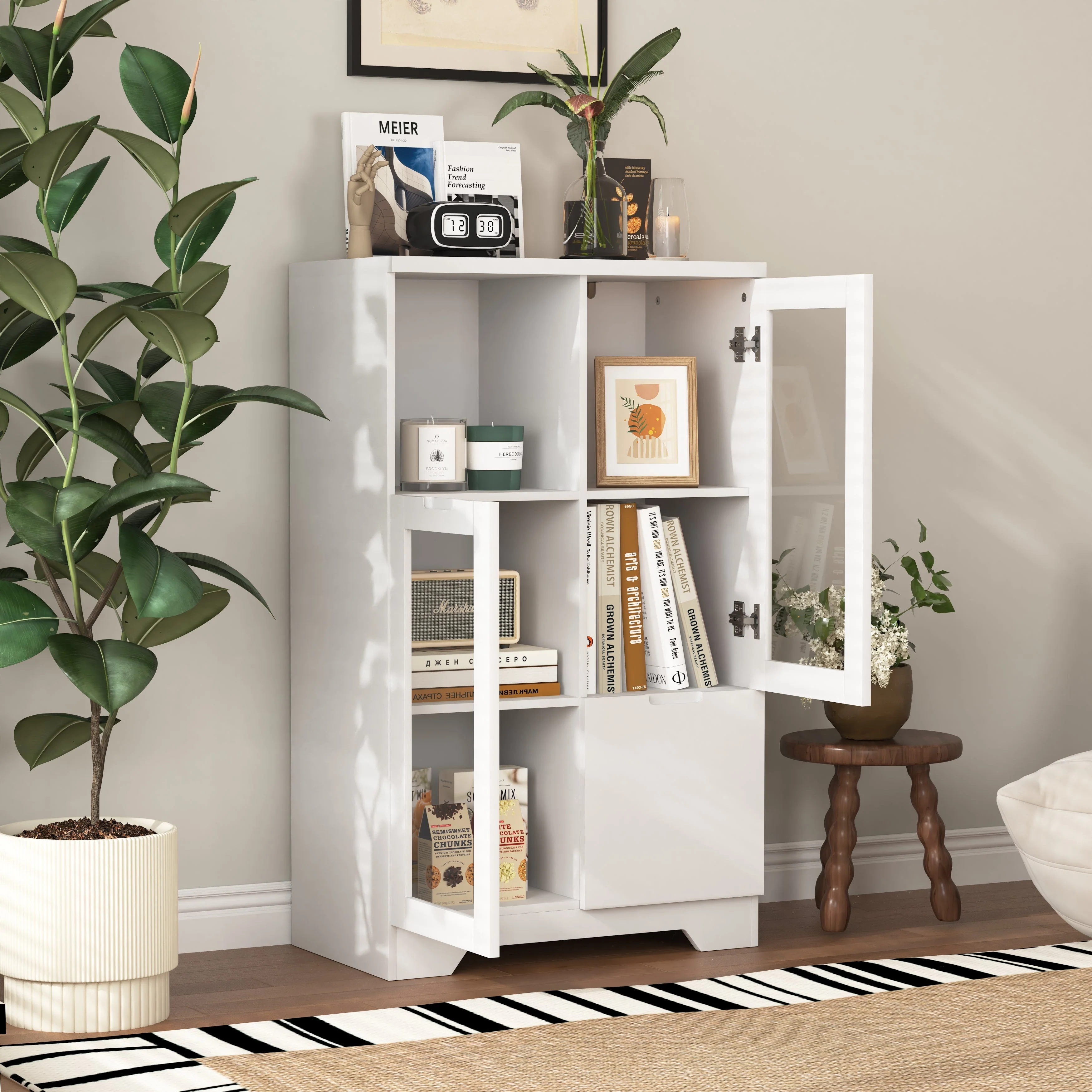 MDF Storage Cabinet with Glass Doors and Drawer, White