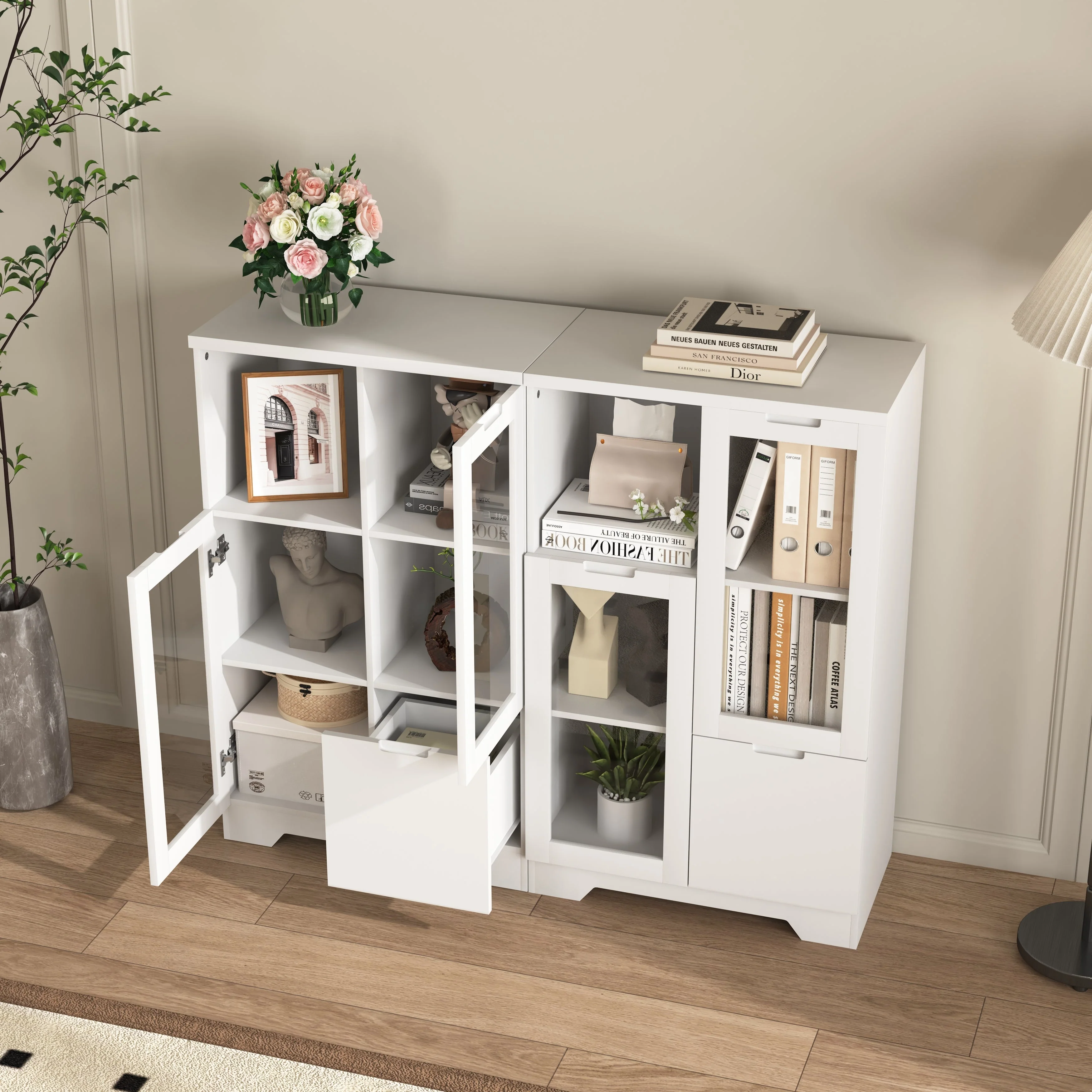 MDF Storage Cabinet with Glass Doors and Drawer, White - Image 5