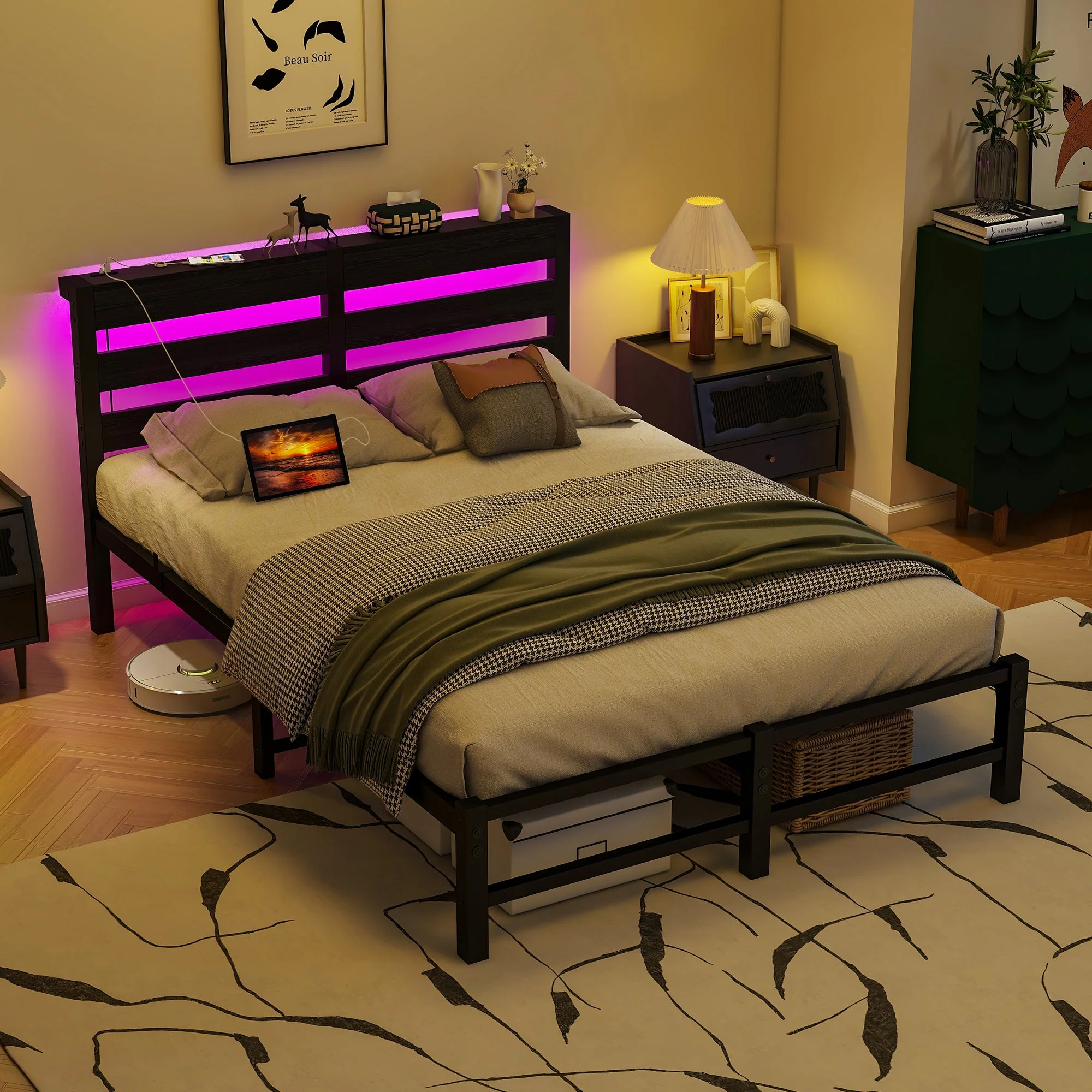 Metal Bed 120x200 LED USB Charging Under-Bed Storage - Metal - Image 2