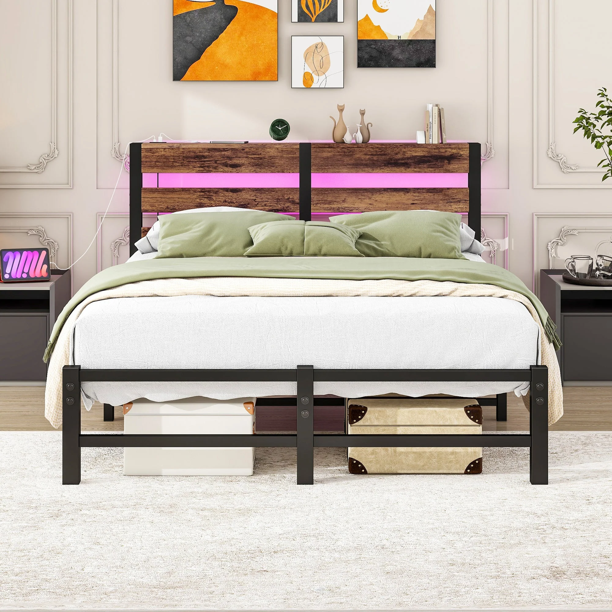 Metal Bed 120x200cm LED USB Storage - Metal - Image 2