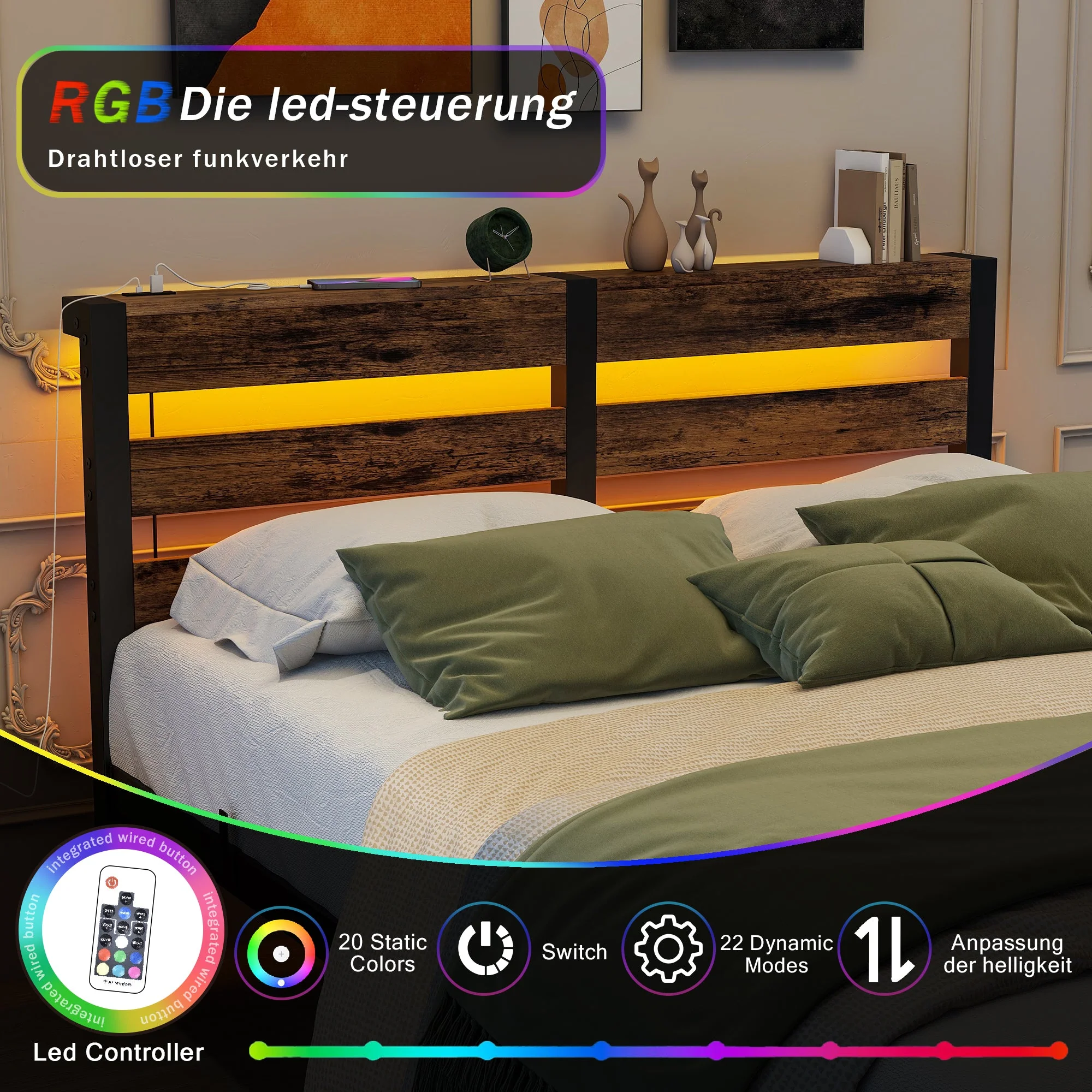 Metal Bed 120x200cm LED USB Storage - Metal - Image 4