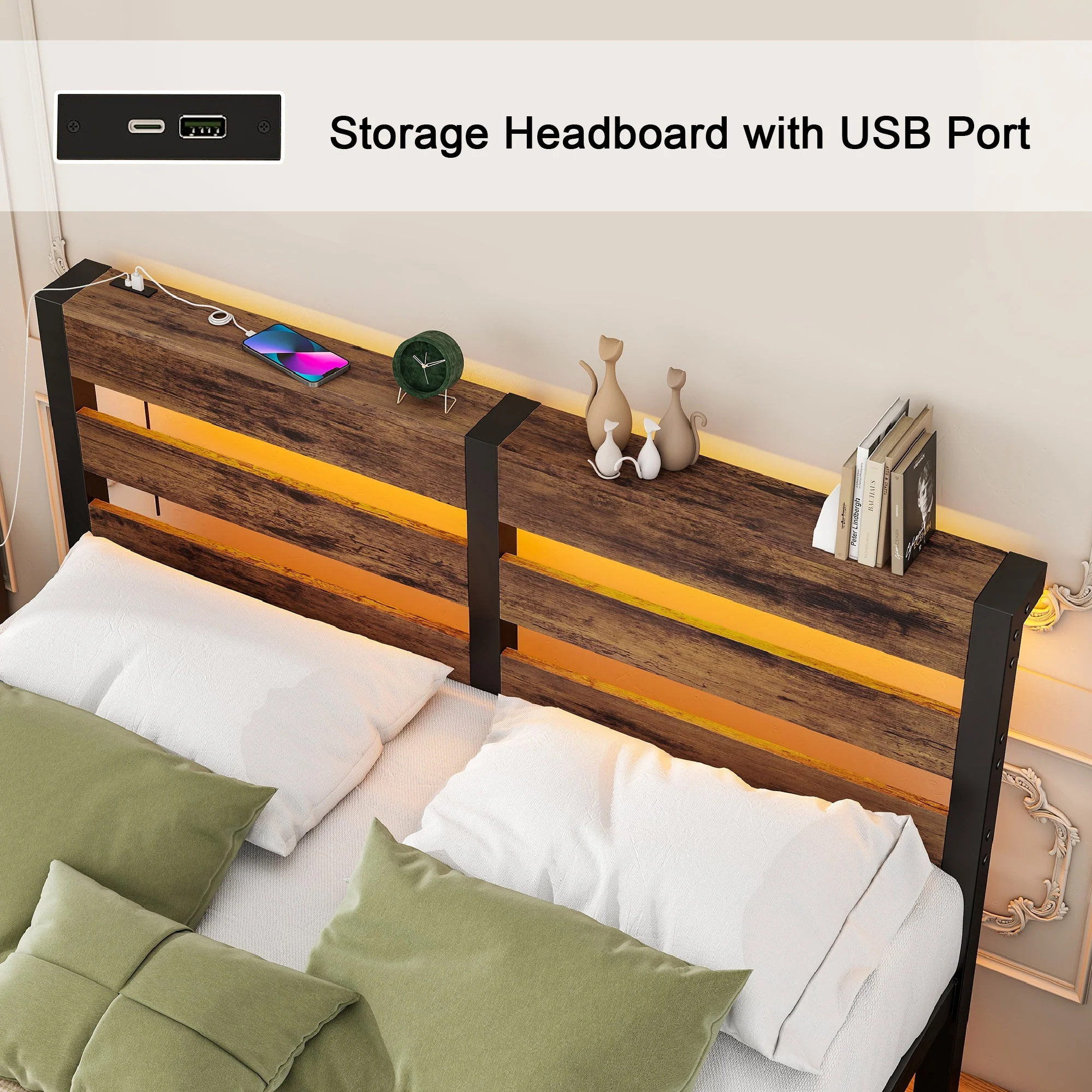 Metal Bed 120x200cm LED USB Storage - Metal - Image 5