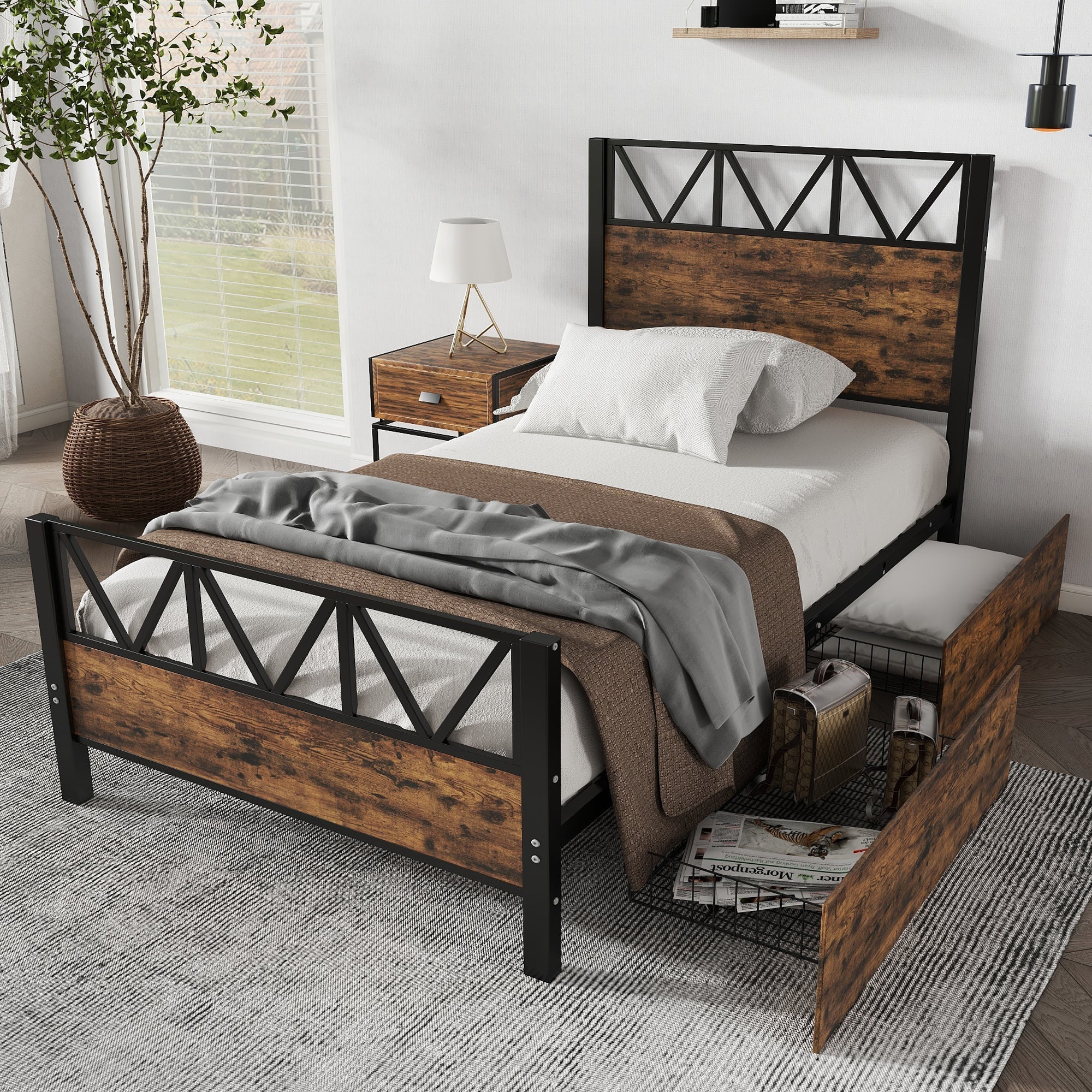 Metal Bed, 3FT Single with 2 Drawers, Black+Wood Color - Image 2