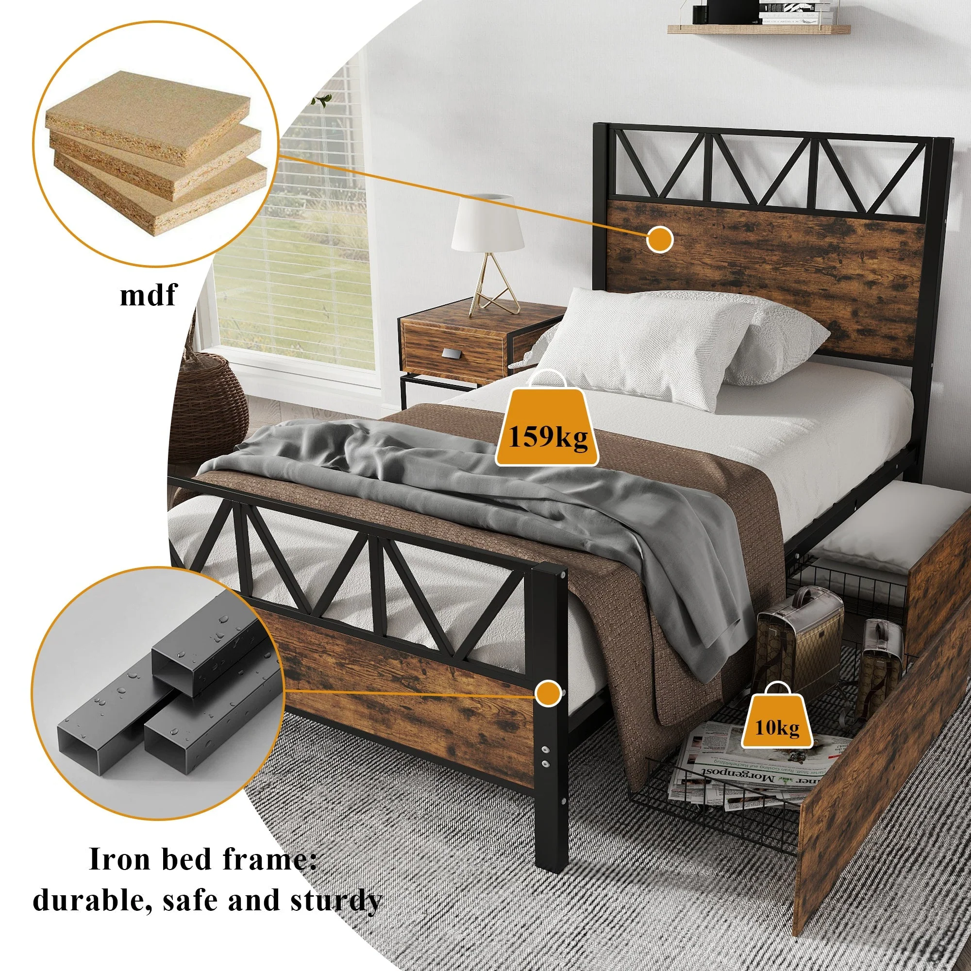 Metal Bed, 3FT Single with 2 Drawers, Black+Wood Color - Image 4