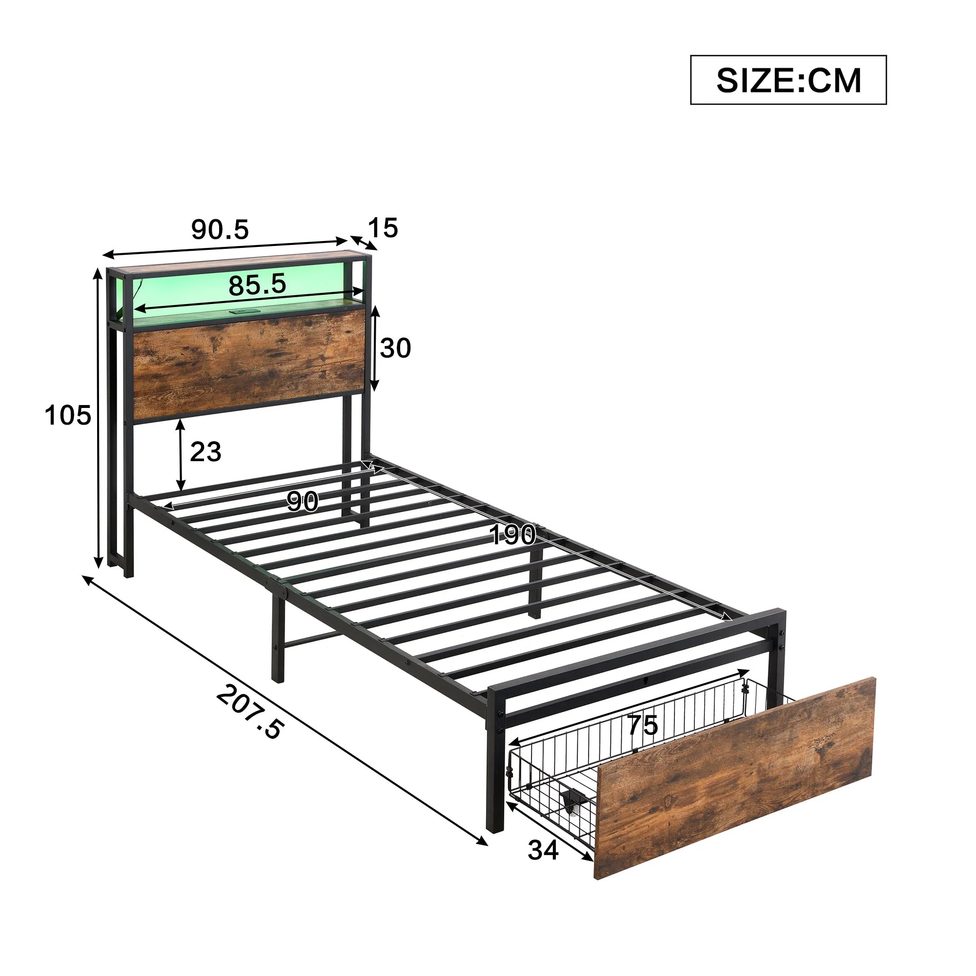 Metal Bed, 3FT Single with LED Light Strip & Drawer, Black & Walnut - Image 4