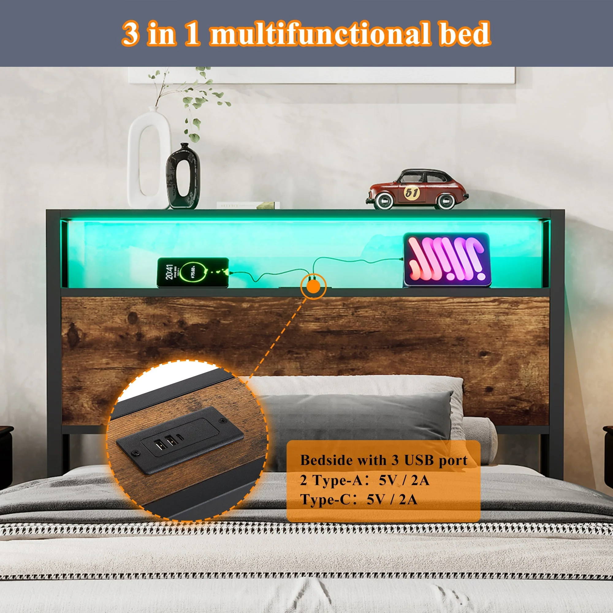 Metal Bed, 3FT Single with LED Light Strip & Drawer, Black & Walnut - Image 7