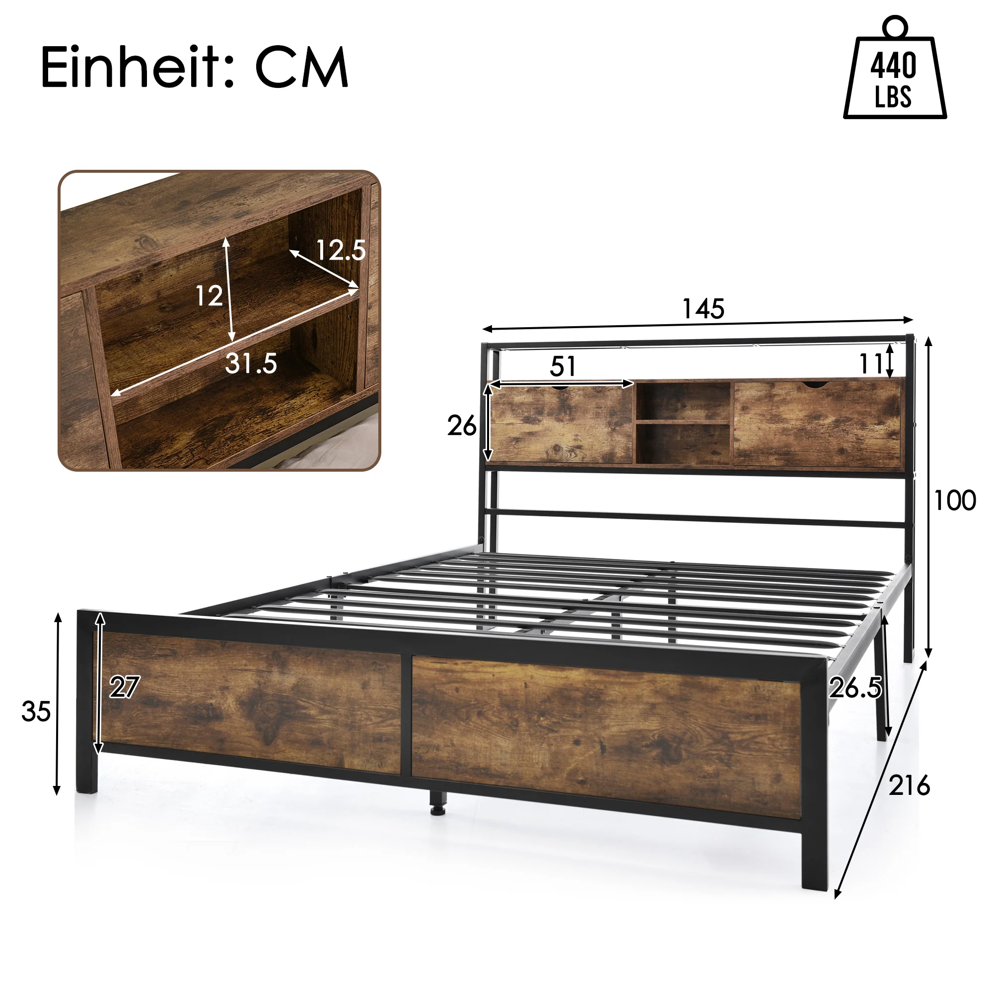 Metal Bed, Double 140 x 200 cm, Storage Headboard, Metal Slatted Frame - Image 4